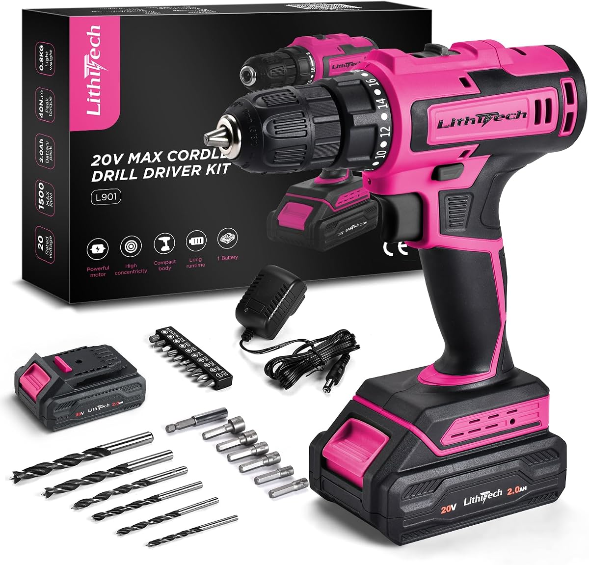 Juego de taladro inalámbrico rosa de 20 V, taladro eléctrico con portabrocas sin llave de 3/8" | 2 modos de velocidad, par de 40 N.m, 18+1 posiciones, LED incorporado, juego de taladro liviano para mujeres, ideal para proyectos de bricolaje en el hogar