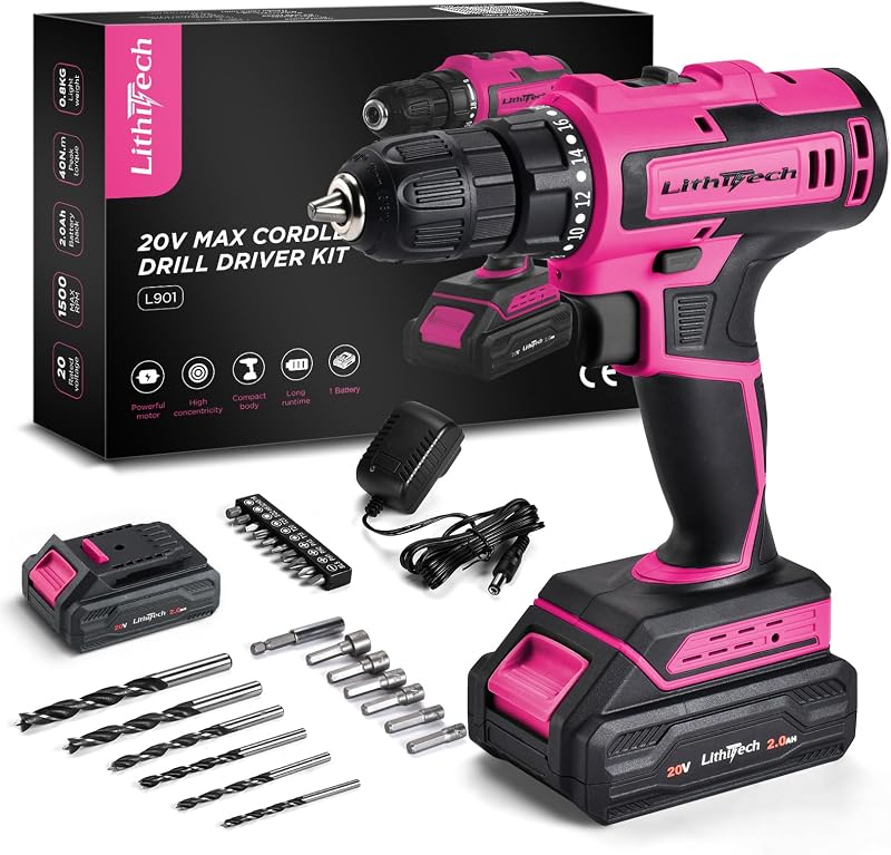 Juego de taladro inalámbrico rosa de 20 V, taladro eléctrico con portabrocas sin llave de 3/8" | 2 modos de velocidad, par de 40 N.m, 18+1 posiciones, LED incorporado, juego de taladro liviano para mujeres, ideal para proyectos de bricolaje en el hogar
