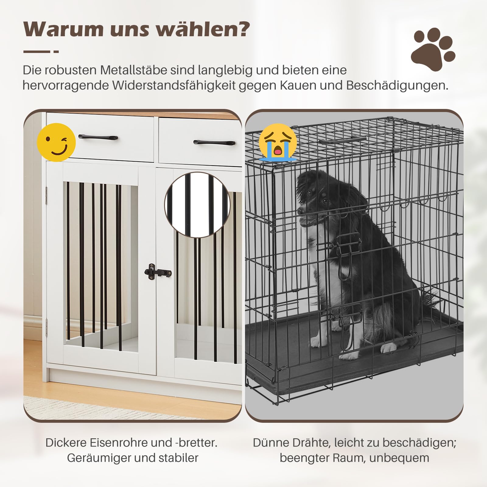 TUKAILAI Hundekäfig Möbel mit Schublade, Futterstation mit Rädern, Robuste Hundebox für kleine, mittelgroße und große, Zuhause Indoor, 116 x 55 x 86 cm