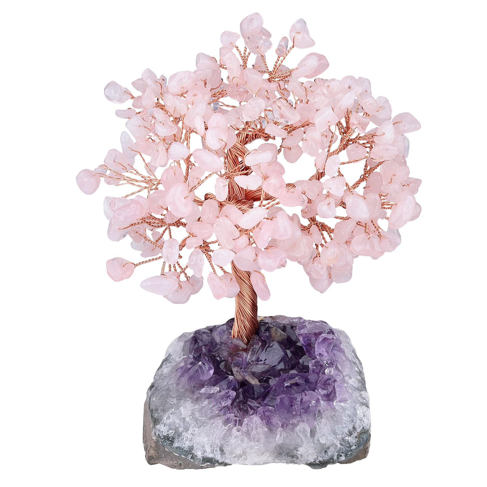 Nupuyai Quarzo rosa albero della vita in pietra su base geodo di ametista naturale, Feng Shui albero di cristallo fatto a mano per la decorazione di interni e Reiki Chakra