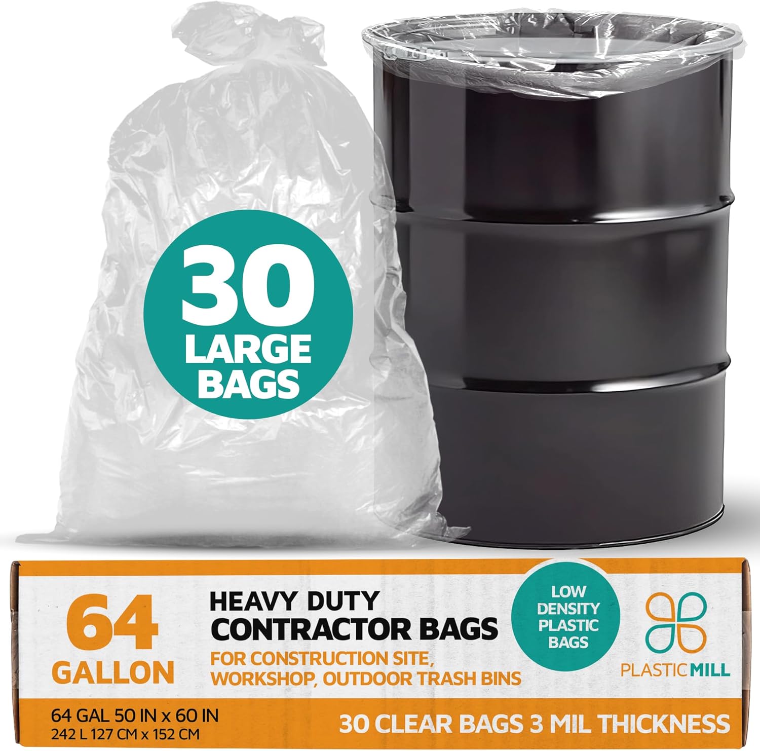 PlasticMill Contractor Bags Heavy Duty - Commercial, Industrial Garbage Bags - Clear Construction Trash Bags - Outdoor, Garden Trash Bags, 64-Gallon, 3 Mil, 50"x60" (10-Count)