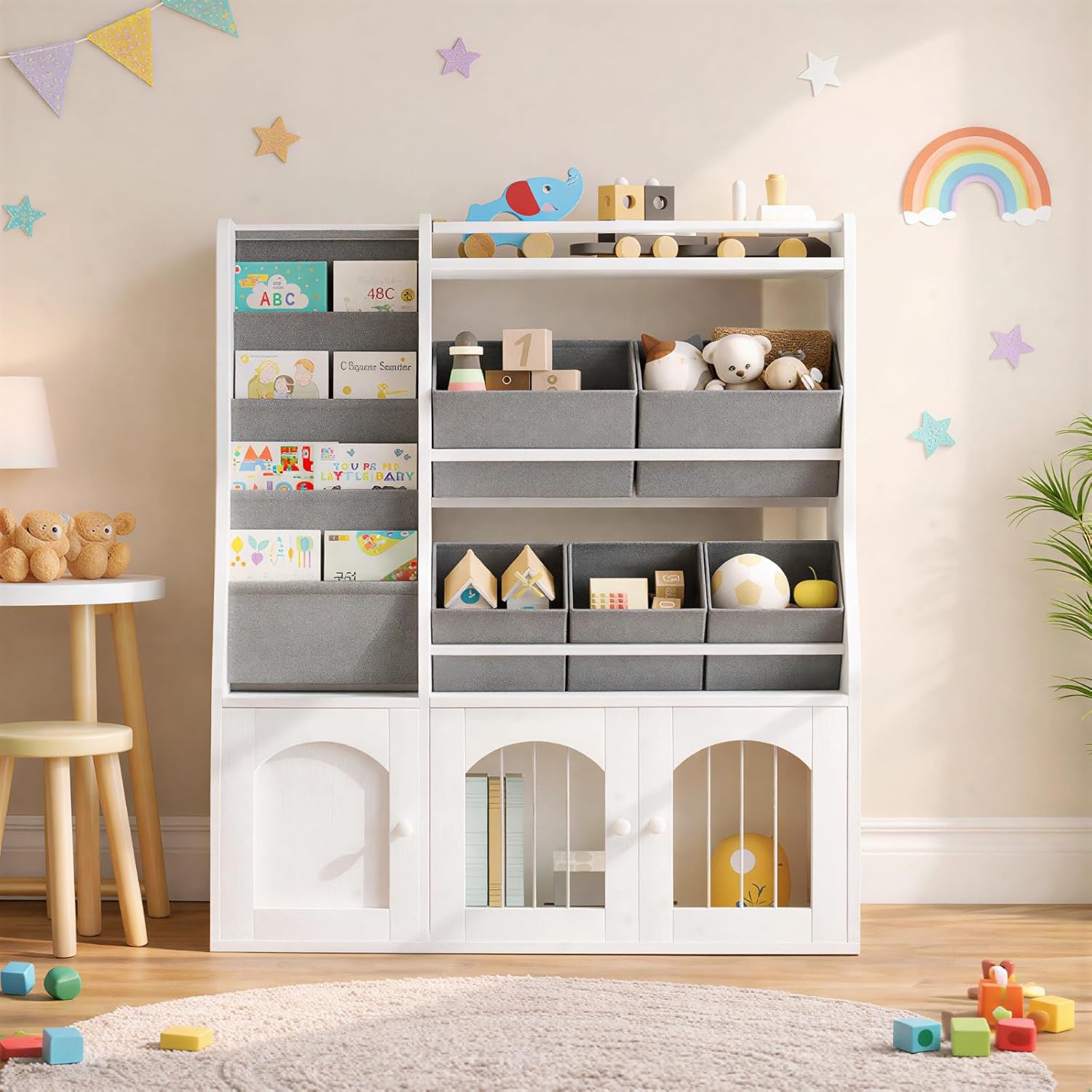 Toy Storage Organizer, Kids Toy Storage with 5 Fabric Drawers and 5-Tier Hanging Bookshelf, Elastic Doors and Guardrail, Bookcase for Bedroom, Nursery, Classroom, White and Gray