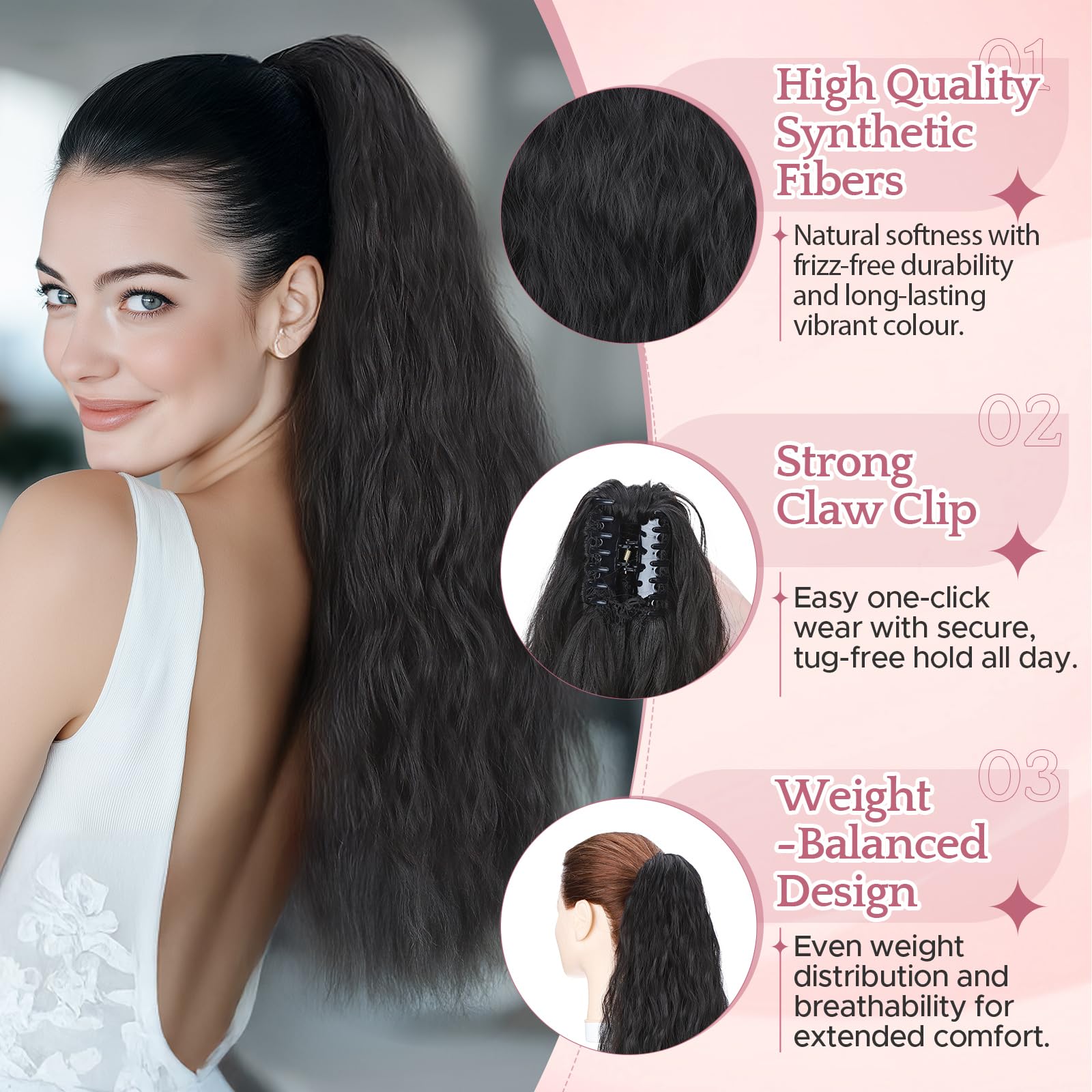 SEGO Pro Claw Clip Ponytail Hair Extensions Synthetic Pony Tail Hair Pieces for Women 24 Inch Wavy 165g (Natural Black) - Image 2