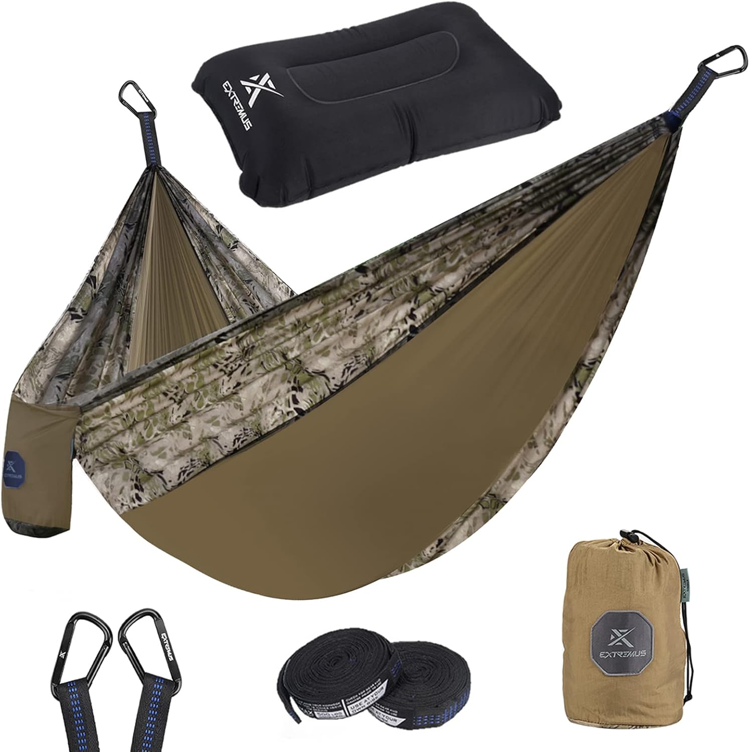 Extremus Single or Double Body Sling Camping Hammock, Light and Strong High Tenacity Parachute Nylon, Dries Quickly, 2-10’ Long Tree Straps, Carry Pocket, Heavy Duty Carabiners, Free TPU Pillow : Sports & Outdoors