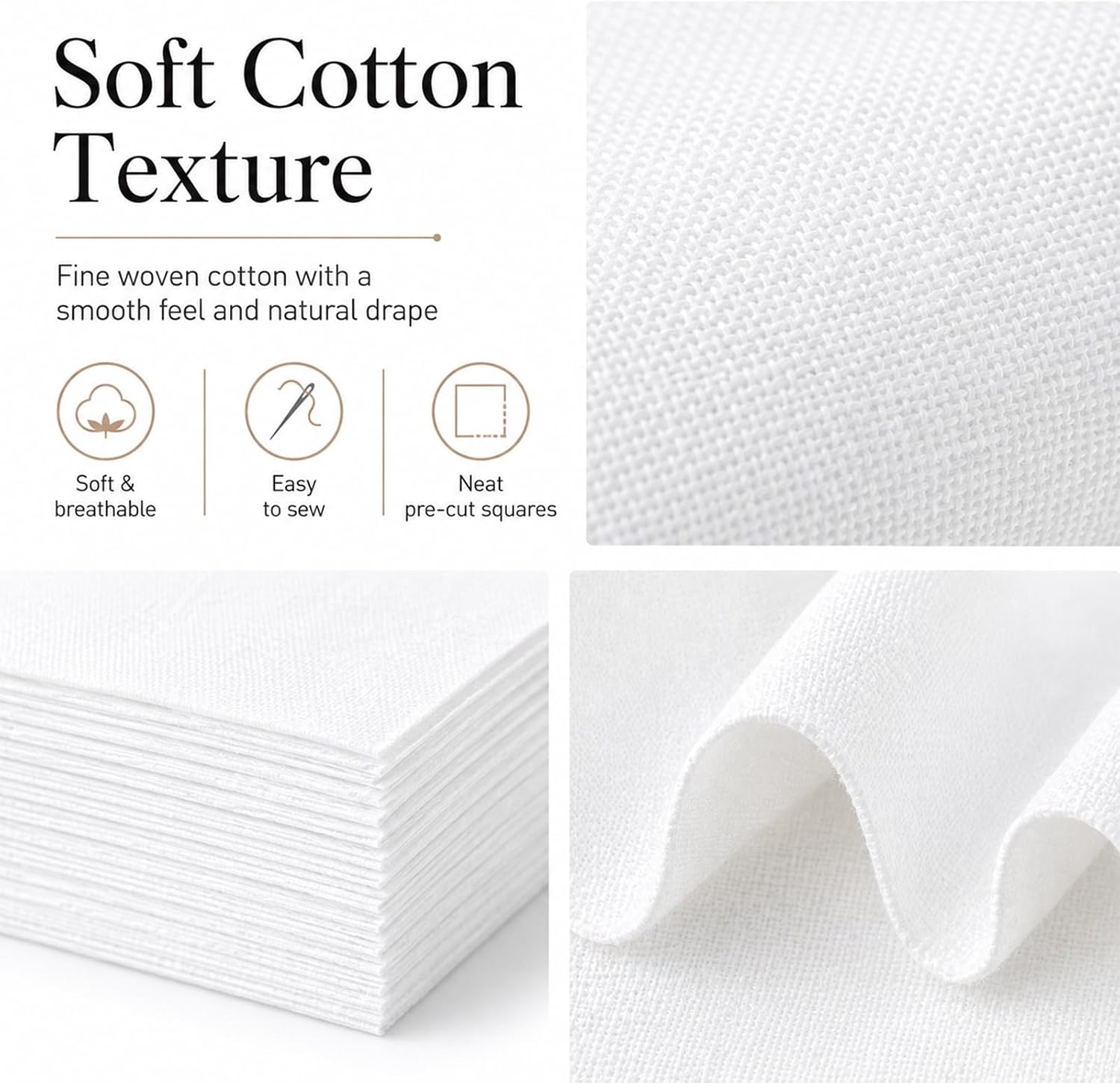 5-Inch Cotton Fabric Squares, White Precut Charm Pack for Quilting, 100% Cotton Fabric Squares for DIY Sewing, Patchwork, Embroidery & Craft Projects (120)