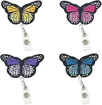 4Pcs Butterfly Badge Holder Reels Cute Pink ID Badge Holder Retractable Teacher Badge ID Holder Cute Purple Retractable Badge Wheel