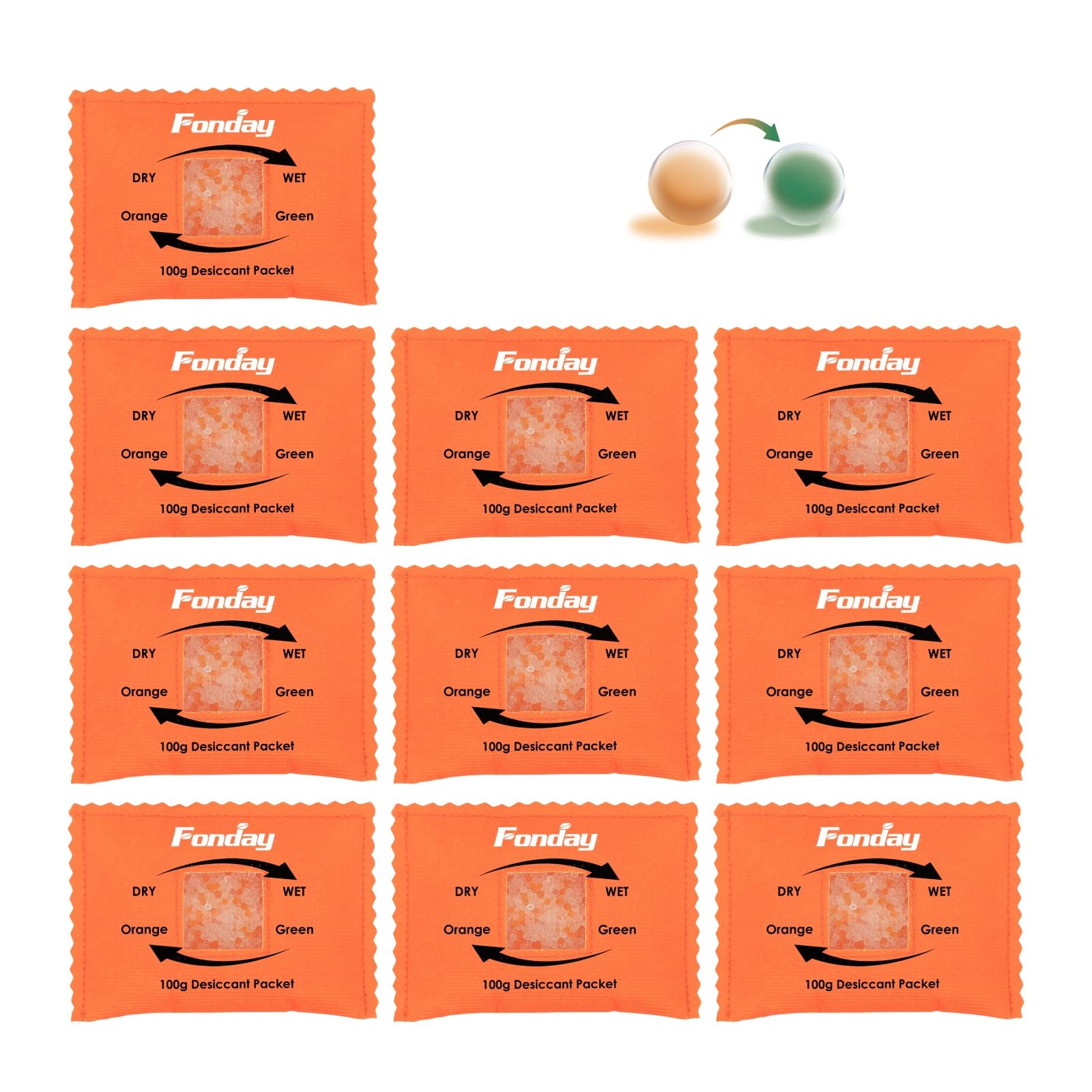 10Packs x 100Gram Fonday Rechargeable Silica Gel Desiccant Packets Moisture Absorber - Fast Reactivating, Orange to Dark Green Indicator for Storage Bins Suitcase Safe 3D Filaments Electronics