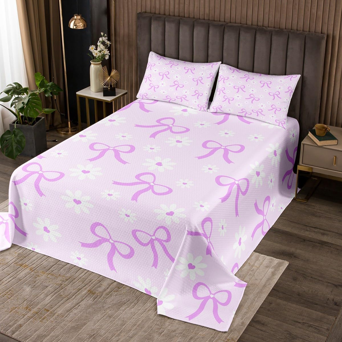Erosebridal Purple Bow Tie Bedspread Set Kawaii Bowknot Quilt Set Queen,Dreamy Princess Style Ribbon Bow Knot Coverlet Set Rustic Flowers Quilted,Boho Floral Cute Dorm Decor