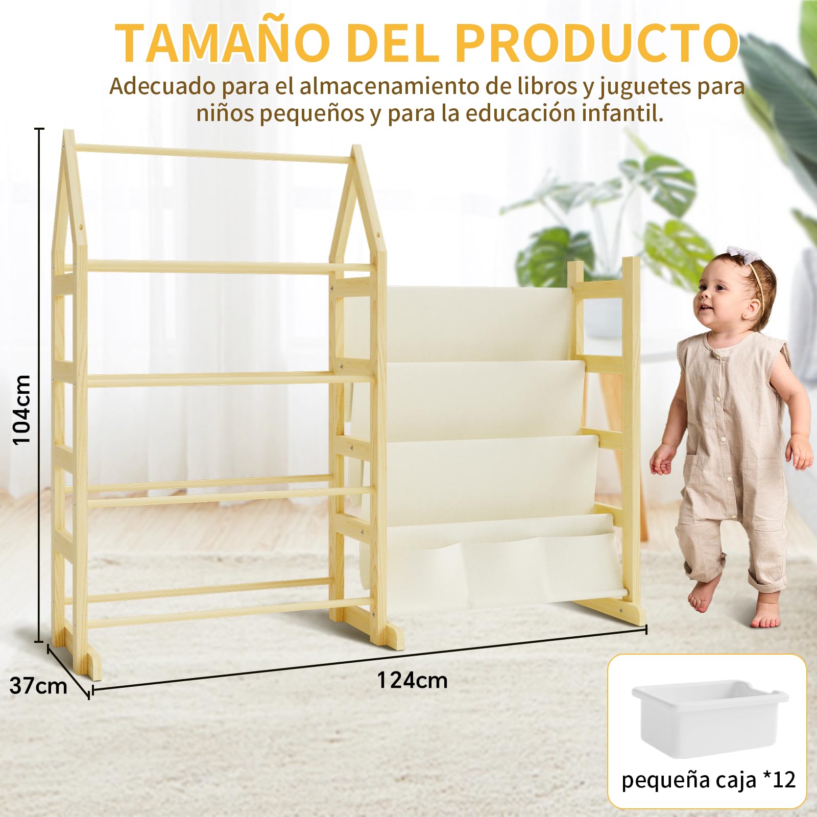 4 Niveles Organizador Juguetes Libreria Infantil Madera, con 12 Caja Almacenaje Juguetes, Mueble Juguetes Estanteria Libros Infantil Montessori, para Dormitorio, Habitación Niños, Sala Juego