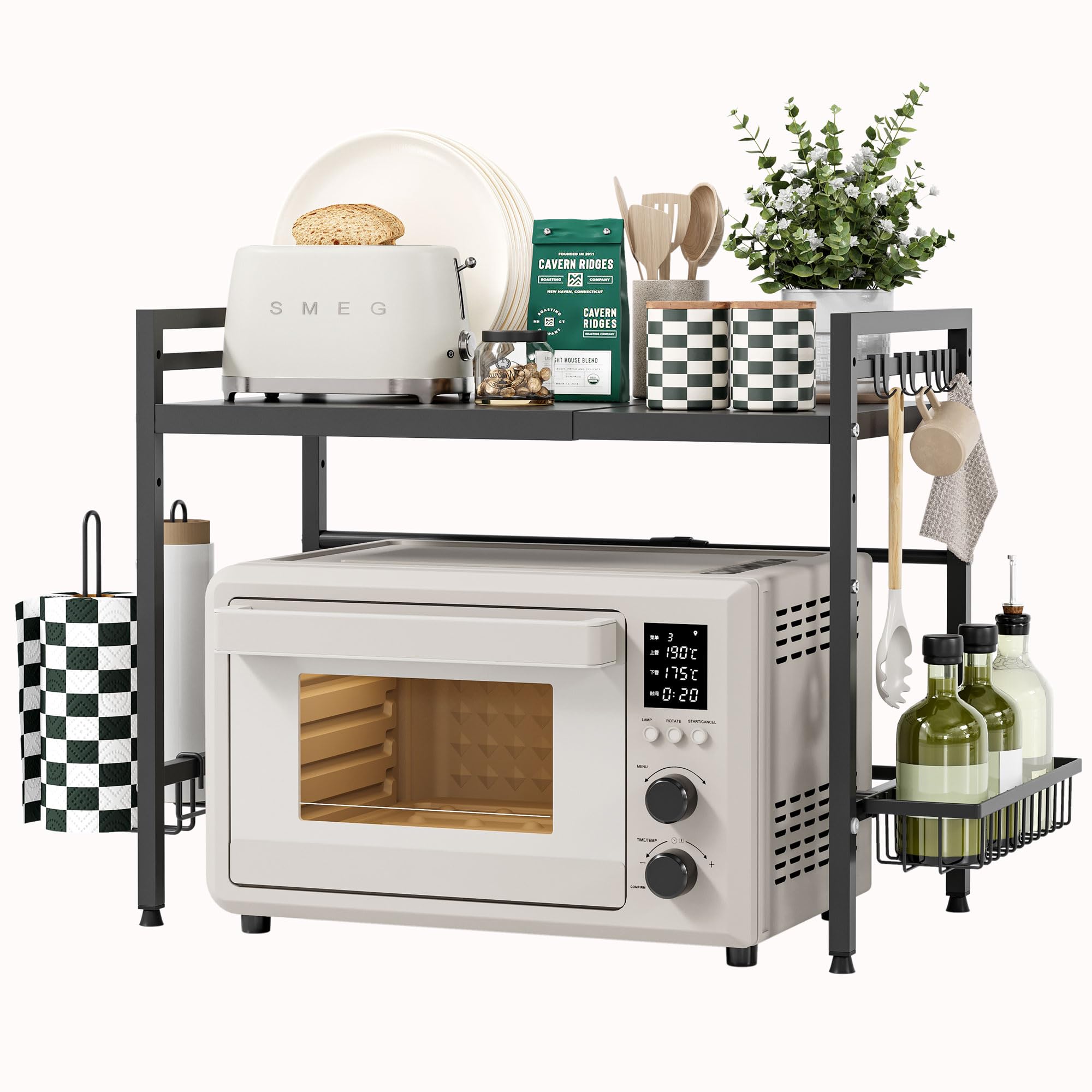 NETEL Expandable Microwave Shelf, 2-Tier Microwave Stand with Metal spice Basket and kitchen roll holder, Microwave Oven Rack with 8 Hooks, Kitchen storage & Organisation, Kitchen Countertop Organiser — image 1