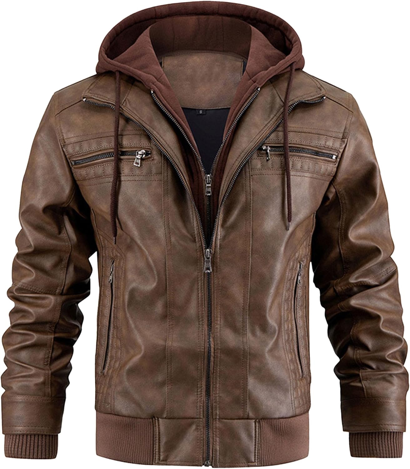 JEsilunmaMY Men's Stand Collar Faux Leather Jacket Motorcycle Bomber Jackets with Removable Hood Casual Warm Winter Coat