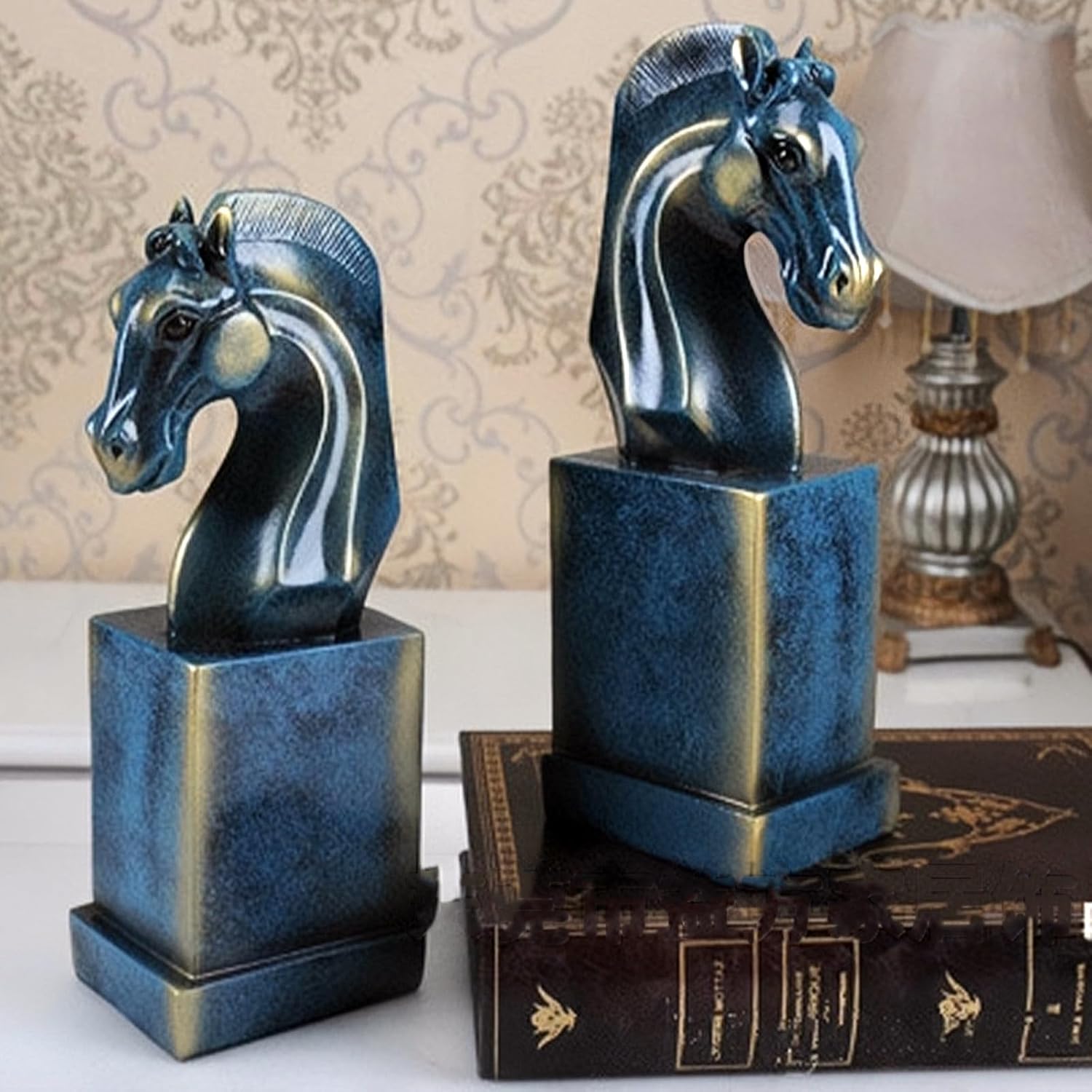 Blue Horse Head Bookends Decorative for Shelves, Unique Gift