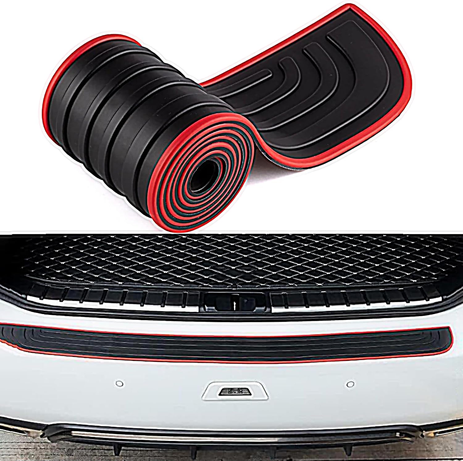 Car Rear Bumper Protector Guard for Nissan Rogue 2021-2025, Rubber Rear Bumper Protector Trunk Door Entry Sill Guard Trim Cover Anti-Scratch Exterior Accessories, Black-Red- 35 inch