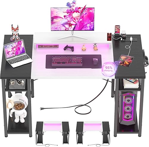 Armocity Computer Desk with LED Lights, 48 Inch Desk with Power Outlet and USB, Reversible Large Desk with Moveable Monitor Stand, 48'' Gaming PC