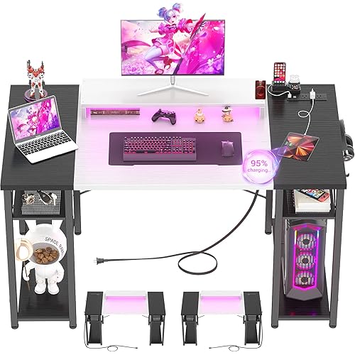 Armocity Computer Desk with LED Lights, 48 Inch Desk with Power Outlet and USB, Reversible Large Desk with Moveable Monitor Stand, 48'' Gaming PC Table for Home Office, Workstation, White and Black