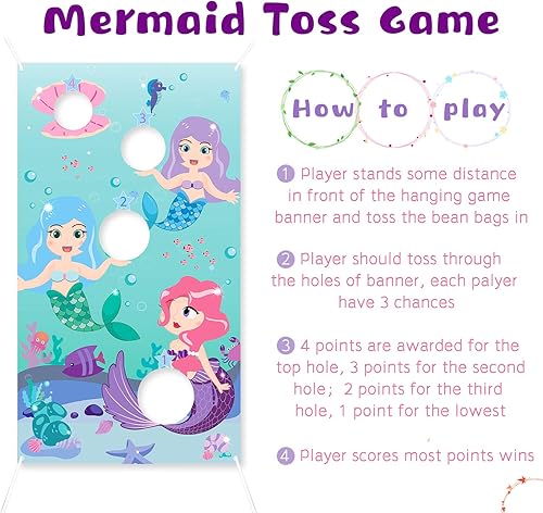 Miniatura 3 de WATINC Juegos de lanzamiento de sirena con 3 bolsas de frijoles, juego divertido de fiesta de cumpleaños de carnaval para niños y adultos, pancarta
