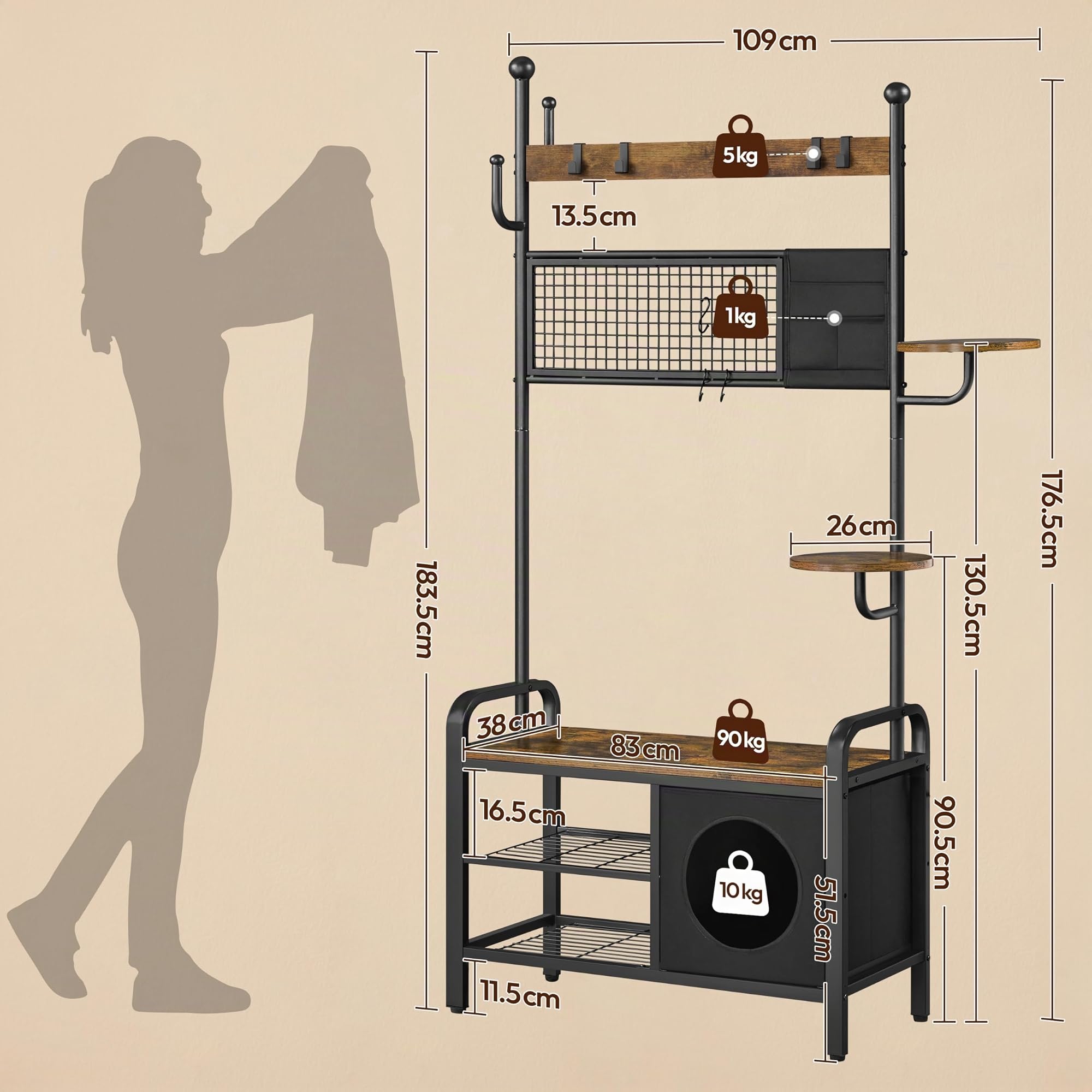 Yaheetech Porte-manteau avec Étagère à Chaussures, Meuble d’Entrée avec Banc, Crochets, Étagère et Niche Chat, 109 x 41,5 cm x 183,5 cm, Style Industriel Chat-Humain, pour Entrée, Couloir, Chambre | Meuble d'entrée peu encombrant | Banc à chaussures et cr