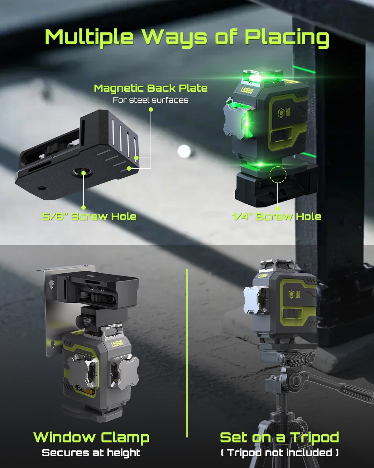 LasGoo LG-4D showing multiple ways of placing with magnetic bracket, window clamp, and tripod