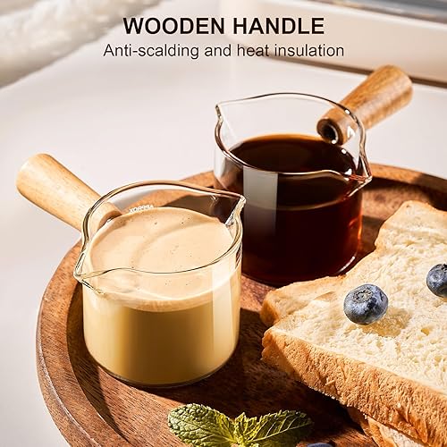 Miniatura 5 de PARACITY Juego de 2 tazas de espresso con mango de madera, tazas medidoras de vidrio de doble boquilla con doble escala, vaso de chupito de espresso