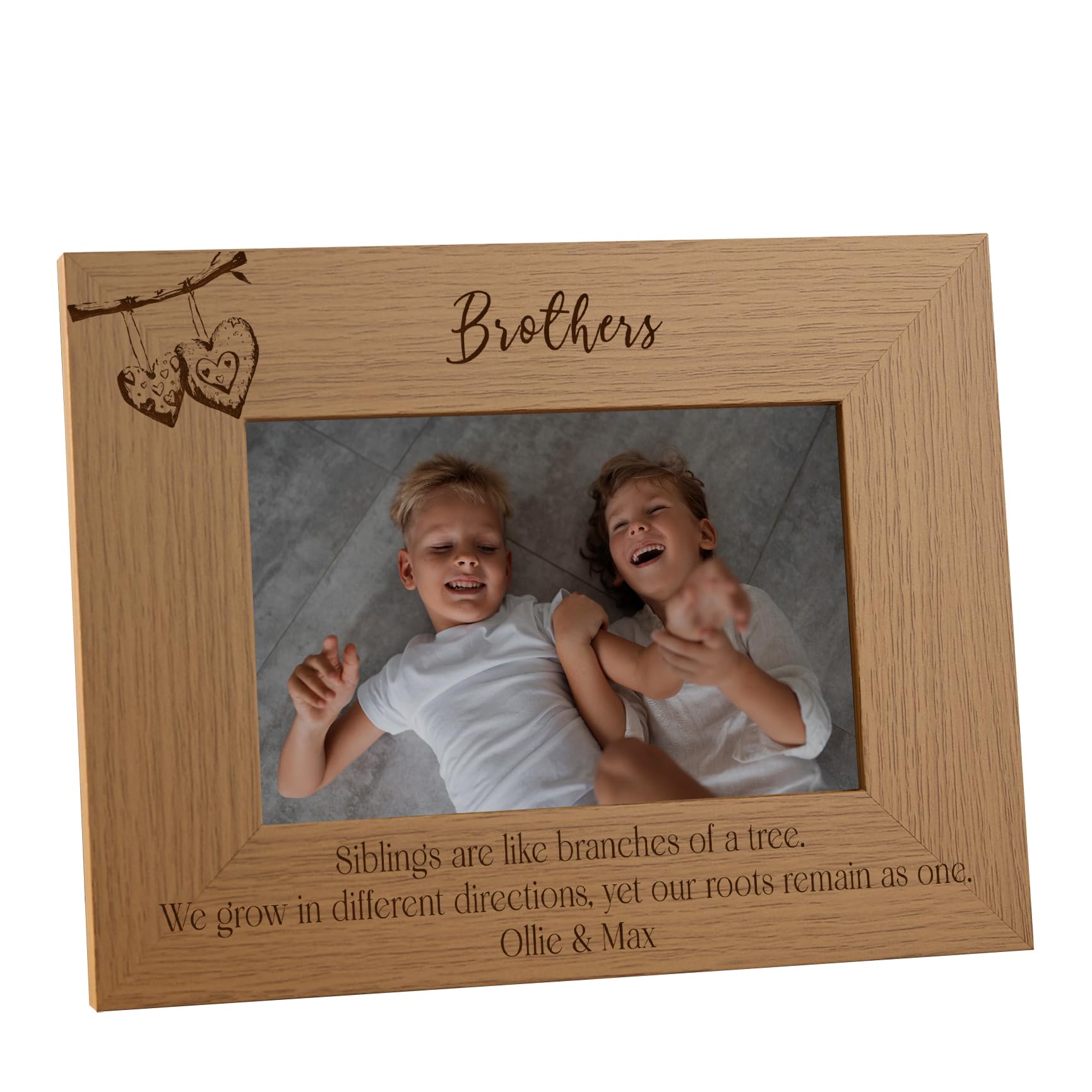 Brothers and Sisters Siblings Personalised Photo Frame, Oak Wood with Love Hearts Branch Design, Multiple Sizes Portrait and Landscape Display, Wall Mount and Desktop Stand (Brothers)