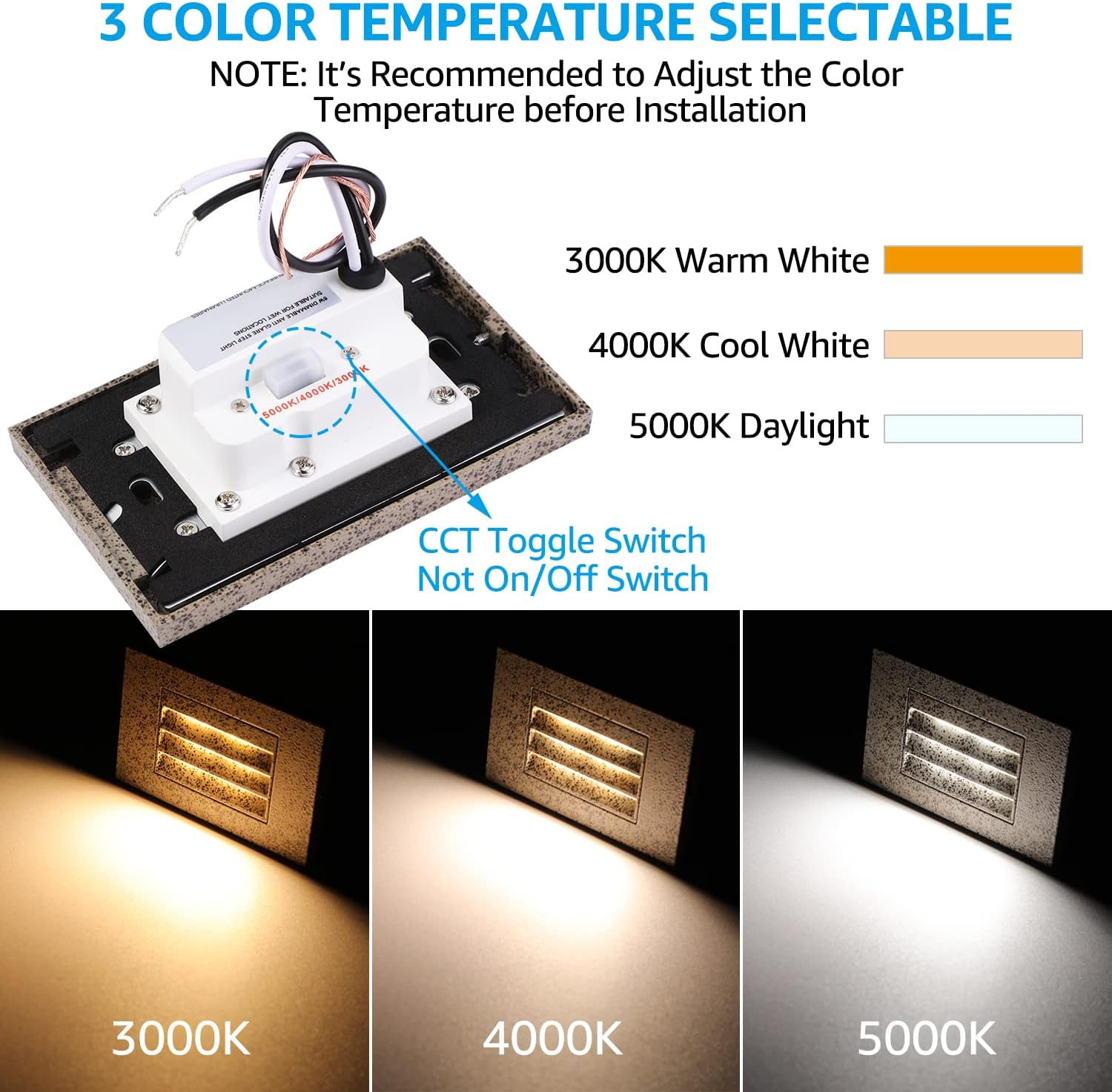 LEONLITE 3CCT Line Voltage 120V LED Step Lights, 5W Dimmable 5%-100%, 3000K/4000K/5000K Selectable, Indoor Outdoor Stair Light, Die-cast Aluminum, CRI90, ETL Listed, Pebble Grey, Pack of 6