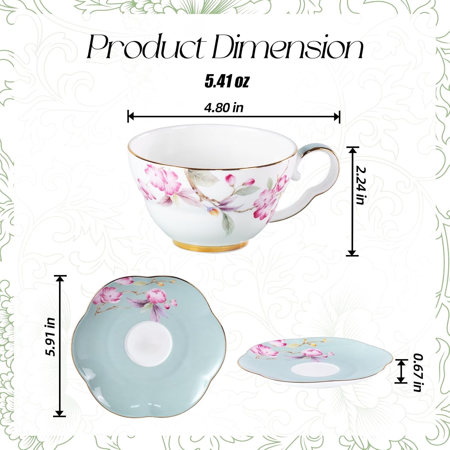 KAMMAK Ceramic Coffee Cups Saucers Set of 2, Porcelain Espresso Cups with Saucers, 5.41 oz Handmade Elegant Bone China Tea Cup, Ceramic Floral Pattern Demitasse for Latte, Americano, Cappuccino