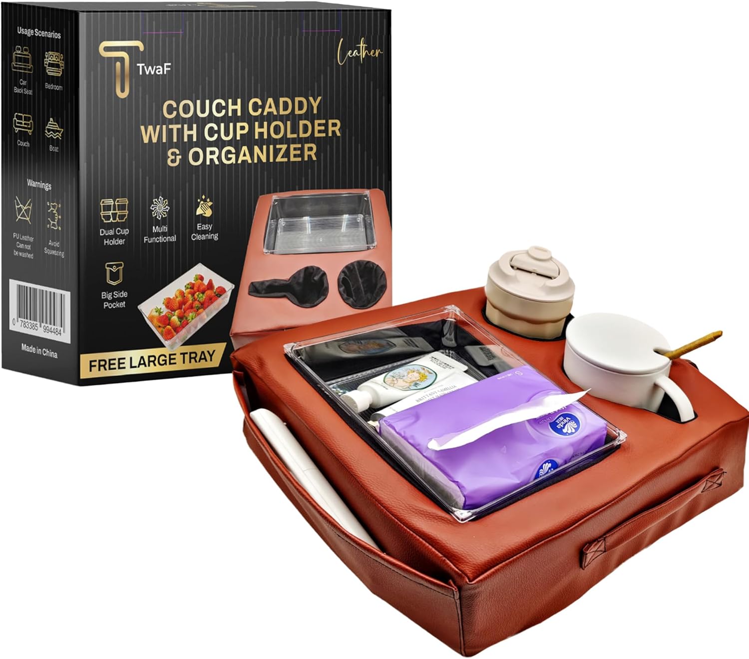 couch caddy with cup holder, couch cup holder, FREE TRAY, bed and sofa caddy organizer, storage, tray for drinks, snacks, remotes, phones, couch caddy tray for car, beach, picnic, Non-Slip Base