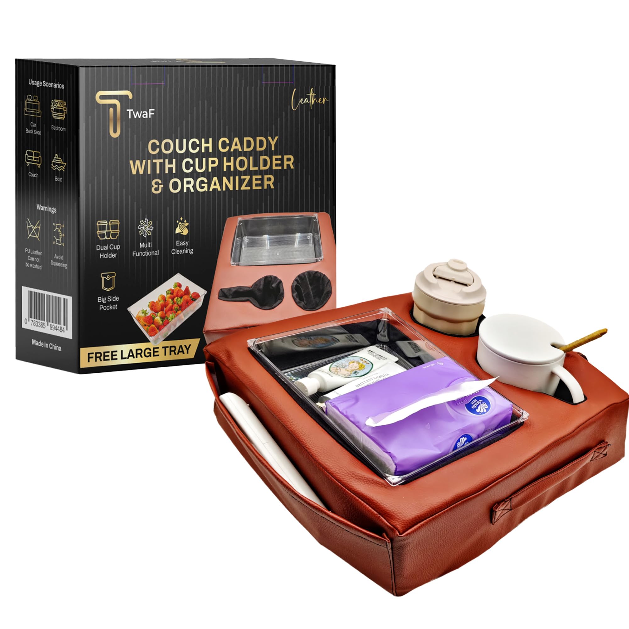 couch caddy with cup holder, couch cup holder tray,FREE TRAY, bed and sofa caddy organizer, storage, tray for drink, snack, remotes, phones, couch caddy tray for car,beach,picnic,Non-Slip Base