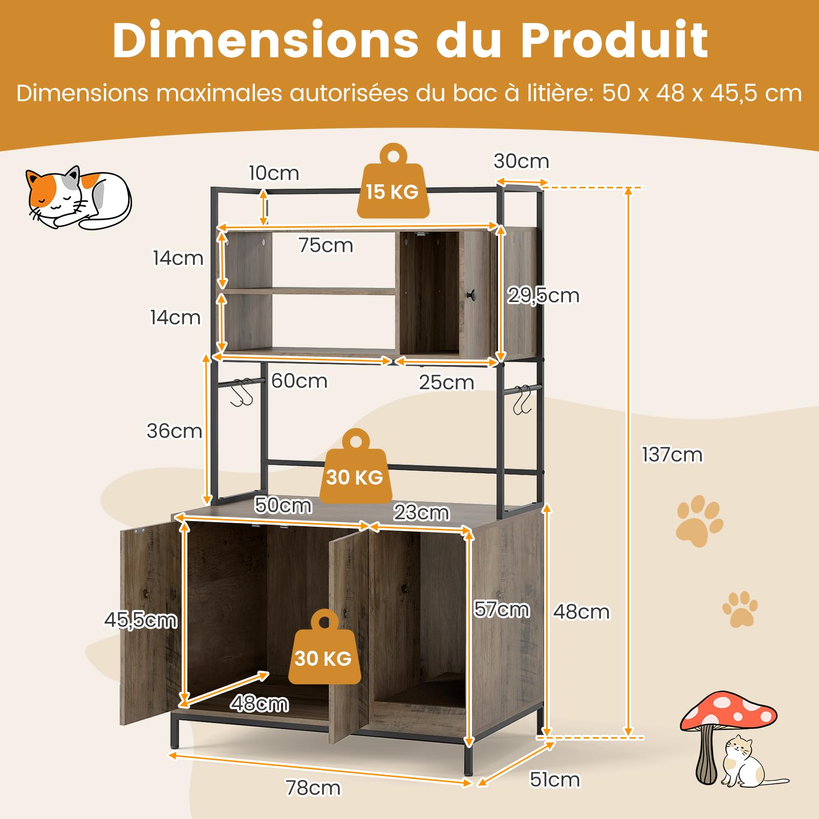 COSTWAY Meuble Litiere Chat, Planche à Griffer, Étagères de Rangement, 4 Crochets, Maison pour Chaton à 2 Portes, Barrière de Sécurité, Patins Réglables, Maison de Toilette Chat, 78 x 51 x 137 cm