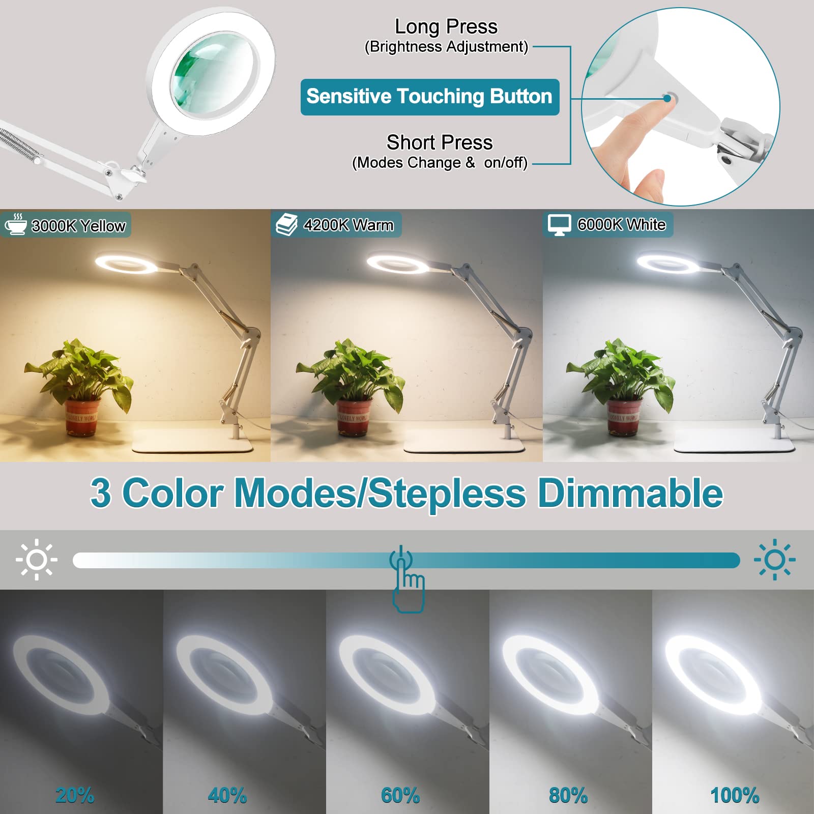 Lupa de 15X Gran Aumento con Luz, Control Táctil, Lupa LED 2 en 1, Lámpara de Escritorio con Base Amplia y Abrazadera, 3 Modos de Color Regulables, Lupa con Luz para Manualidades y Aficiones, Blanco | Lupa de mesa con luz, ajuste de cabeza, base antivuelc