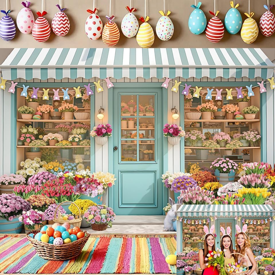 Easter Photography Backdrop Spring Flowers Egg Bunny Decoration Photo Background for Easter Birthday Baby Shower Party Decor Portrait Banner (7x5FT（210x150cm）)