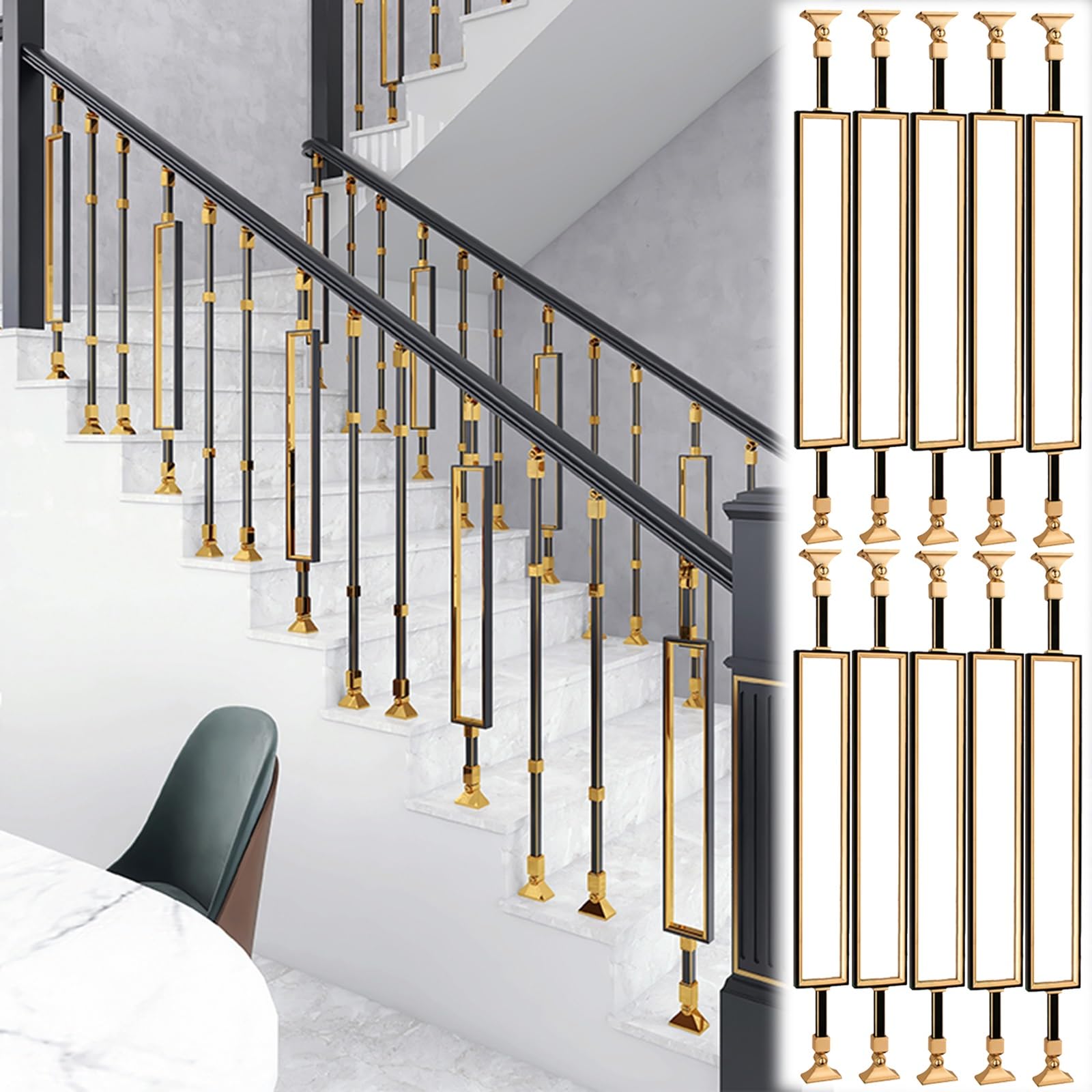 Metal Balusters Spindle for Stairway Black and Gold, Aluminum Rectangular Hollow Stair Spindles, Deck Railing Kit/ Indoor Staircase Banister Post for