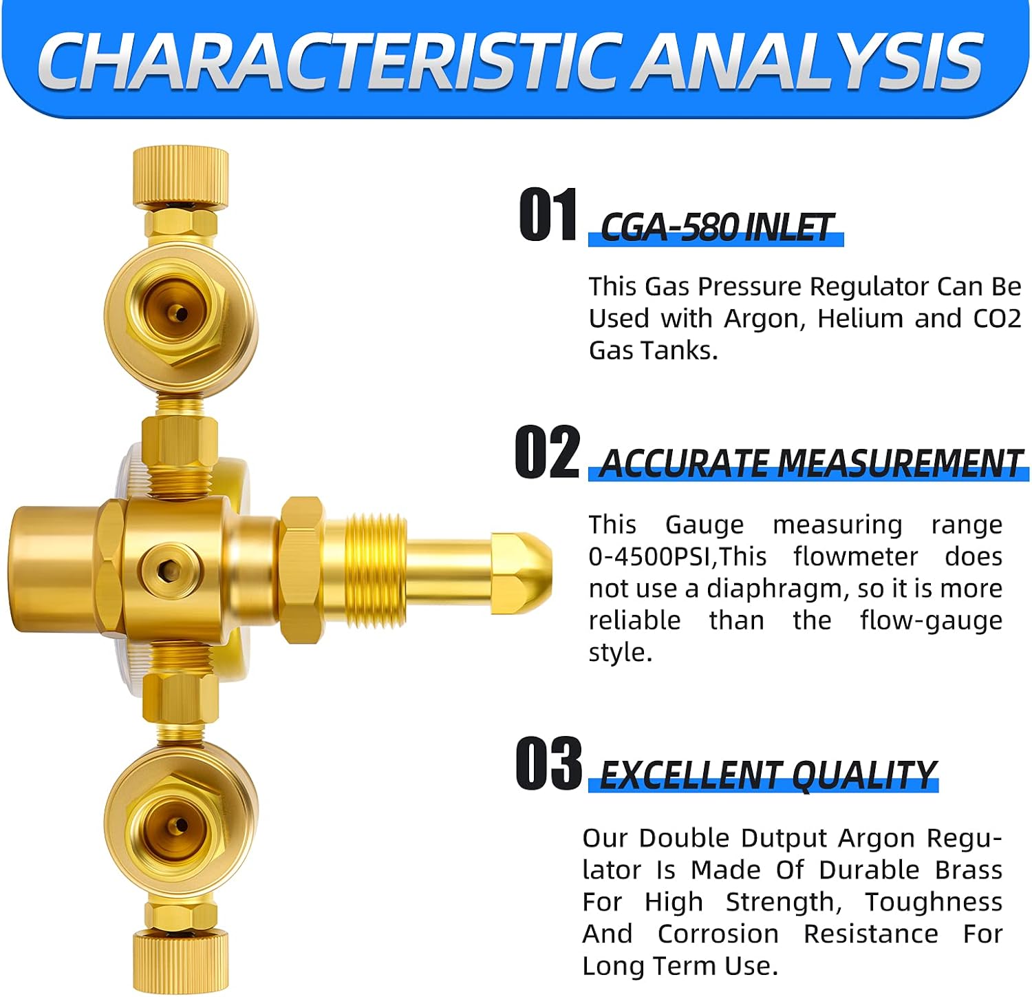 MEANLIN MEASURE Argon Regulator Flow Meter with 6.5 Feet Hose,CGA580 Inlet Connection,5/8" x 18RH Outlet Fitting,Dual Output Argon Welding Flowmeter for TIG MIG Welder