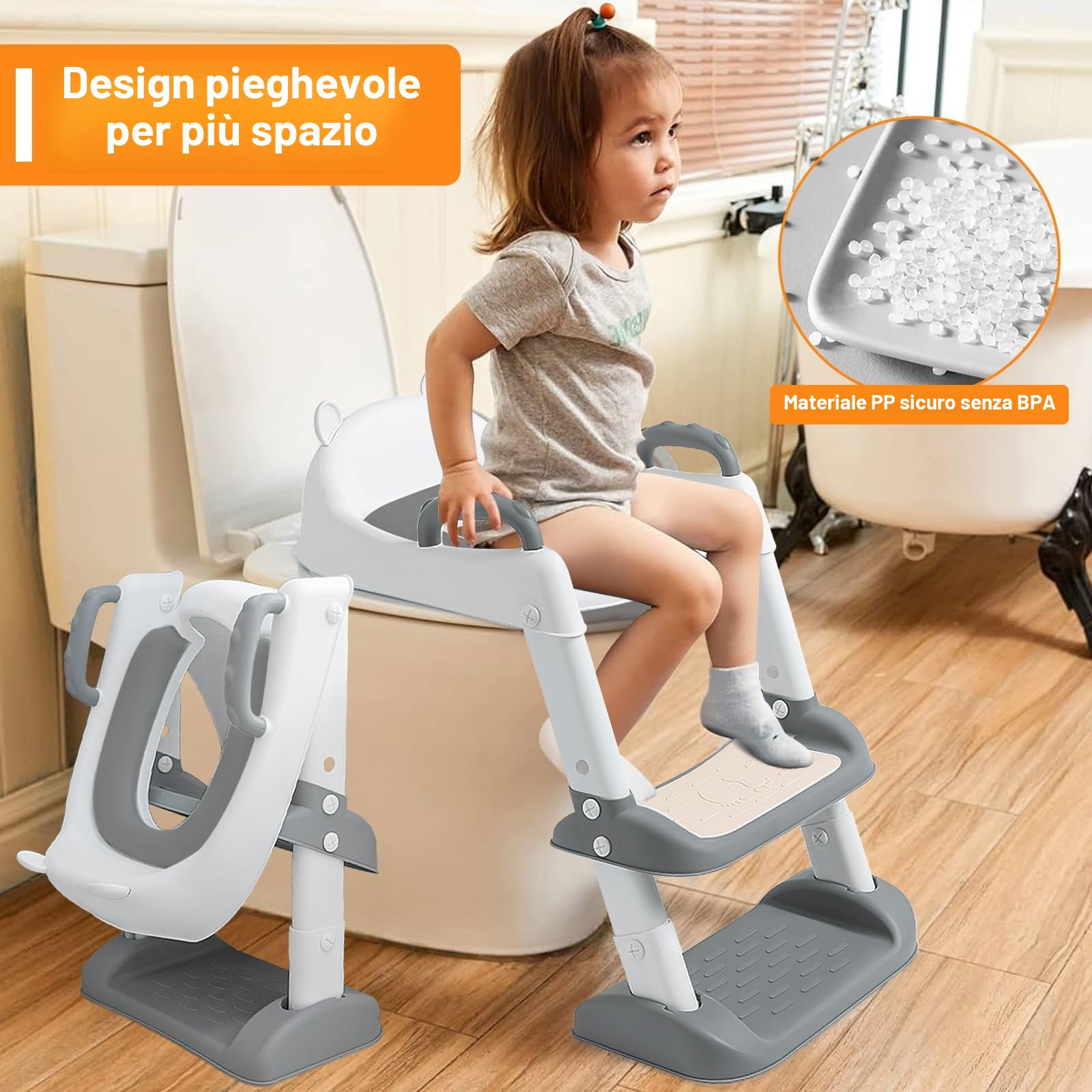 Riduttore WC Bambini, Scaletta WC per Bambini Pieghevole, Vasino Bambini con Scaletta, 2 in 1 Sedile WC con PU Morbida Seduta Adatto per Imbottita maschi e femmine Tazze WC a V, U, O (Grigio)