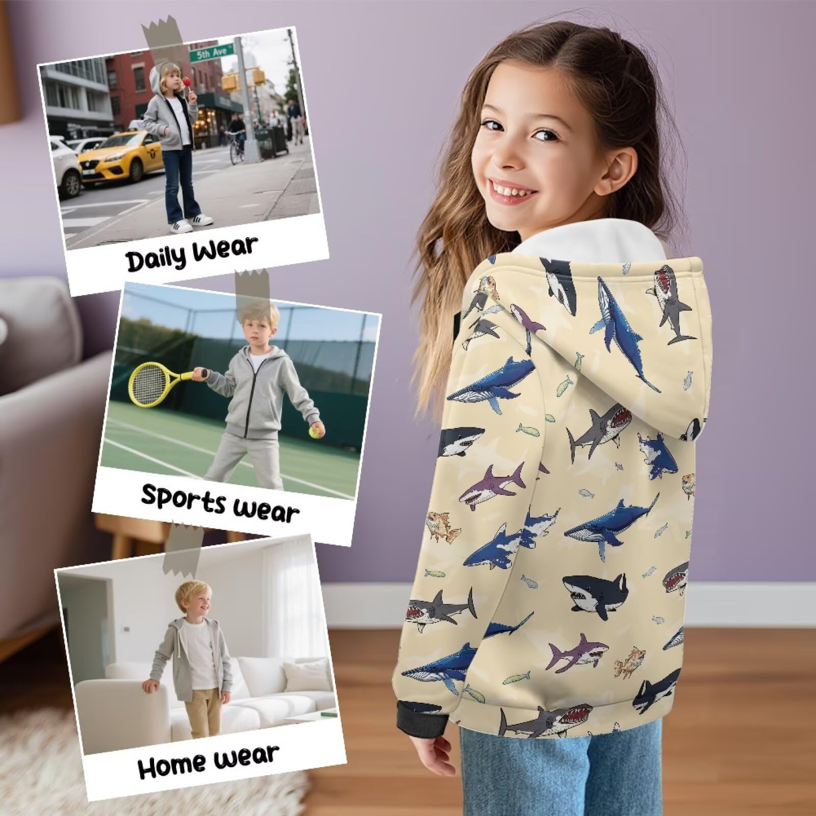 Xoenoiee Dziecięce bluzy z kapturem dla chłopców, zapinana na zamek, bluza 3D, fajna grafika zwierzęca, sweter z długim rękawem, top na jesień i zimę, Beżowe rekiny, 6-8 Years