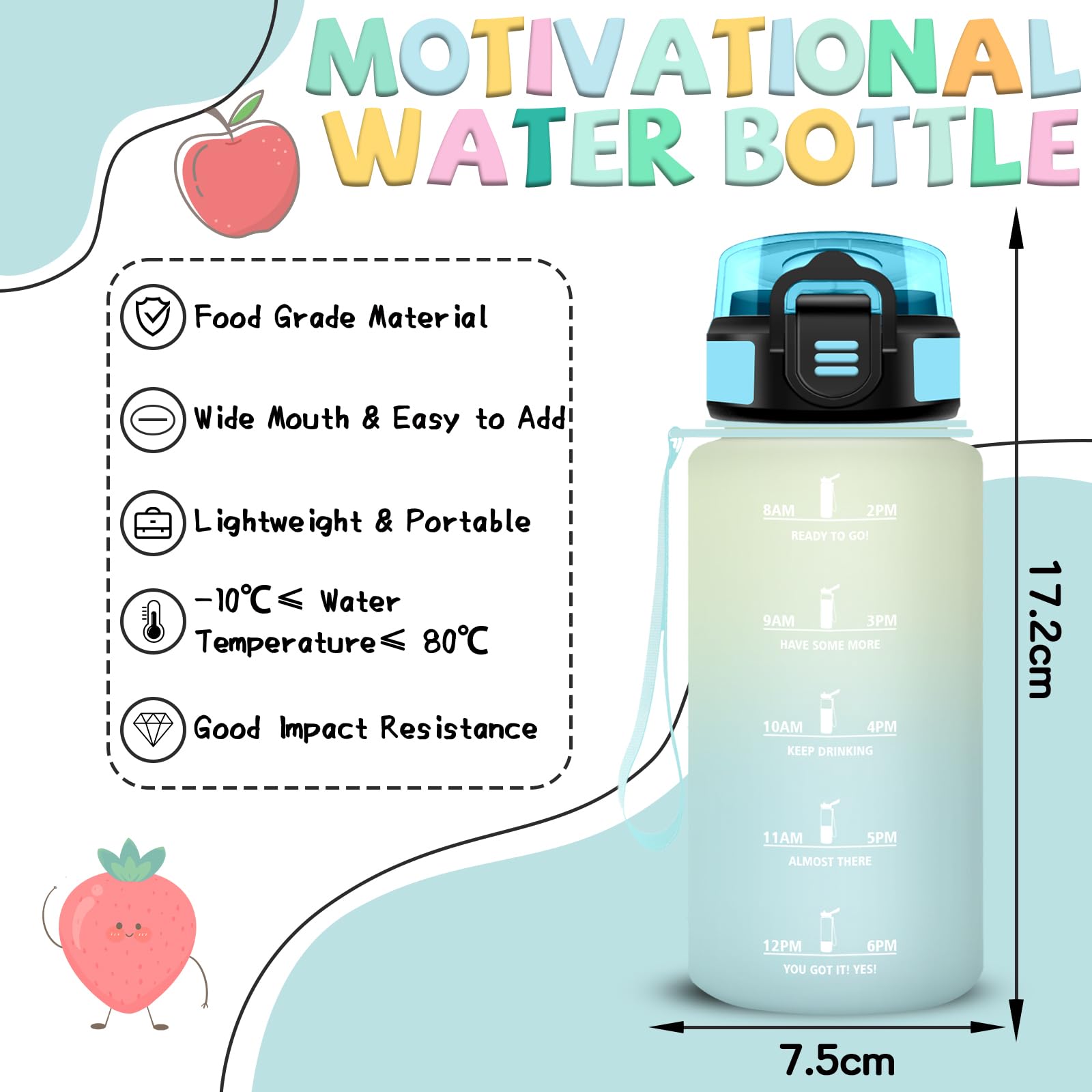 Mujigaga Borraccia Bambini, Borraccia 500 ml, Borraccie con Cannuccia, Senza Perdite, Borracce Motivazionale, Facile da Trasportare, Con Slogan Motivazionale, Borracce per Scuole, Sport, Nuotare