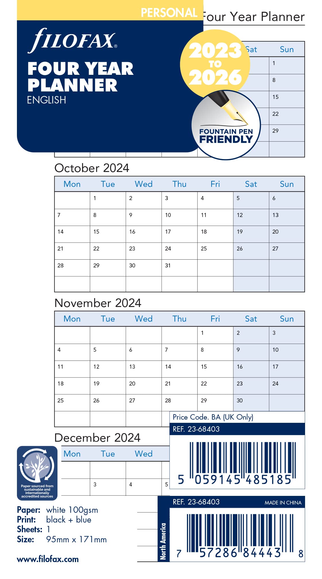 Planner Vertical 4 Ans Filofax Personal de qualité supérieure pour classeur