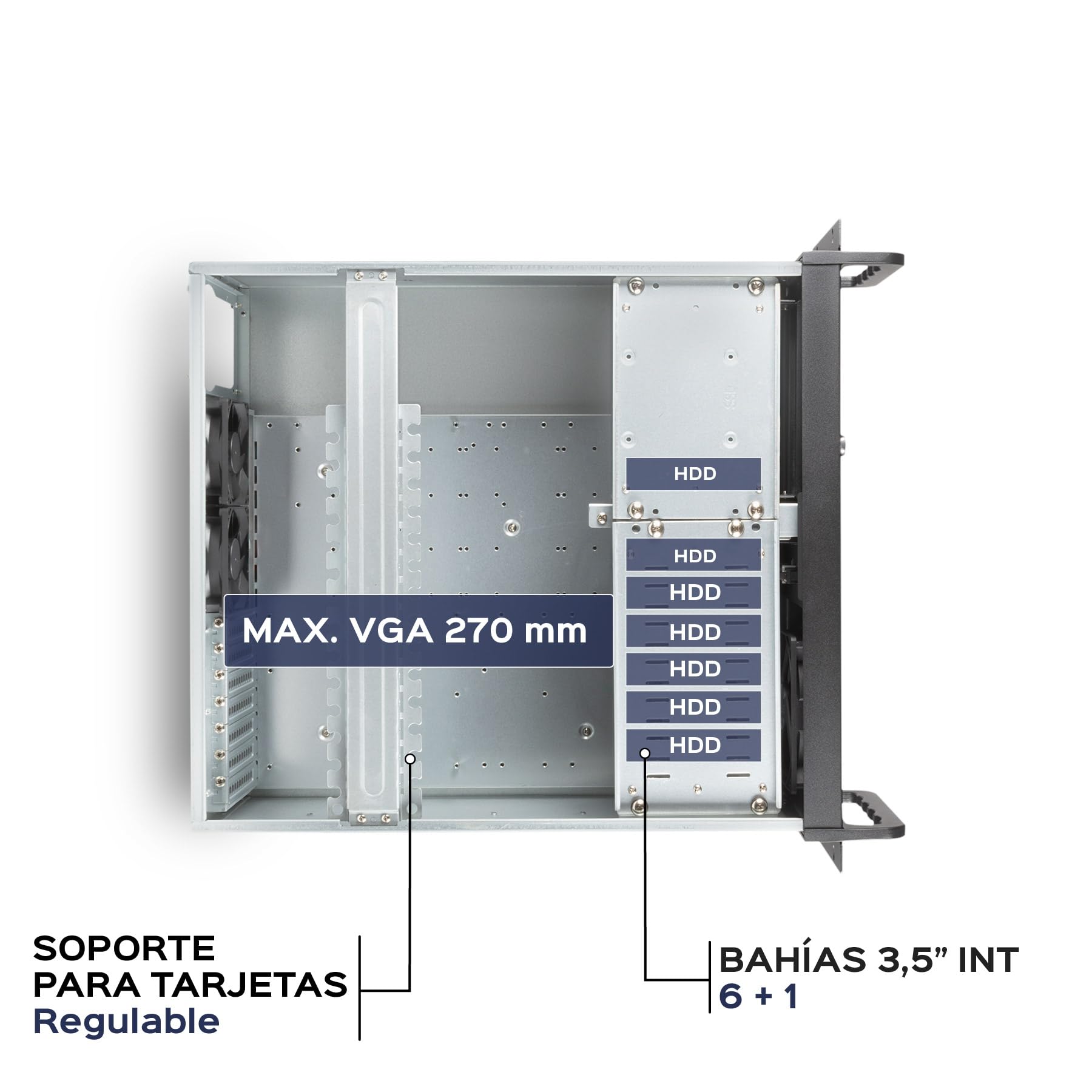 UNYKAch Gehäuse Server UK4229 EVO Format 4U 19" ATX | Boden 480 mm, 3 Einschübe von 5,25 Zoll, 7 3,5-Zoll-Schächte, 2 USB 3.0, 1 Lüfter 120 mm und 2 x 80 mm