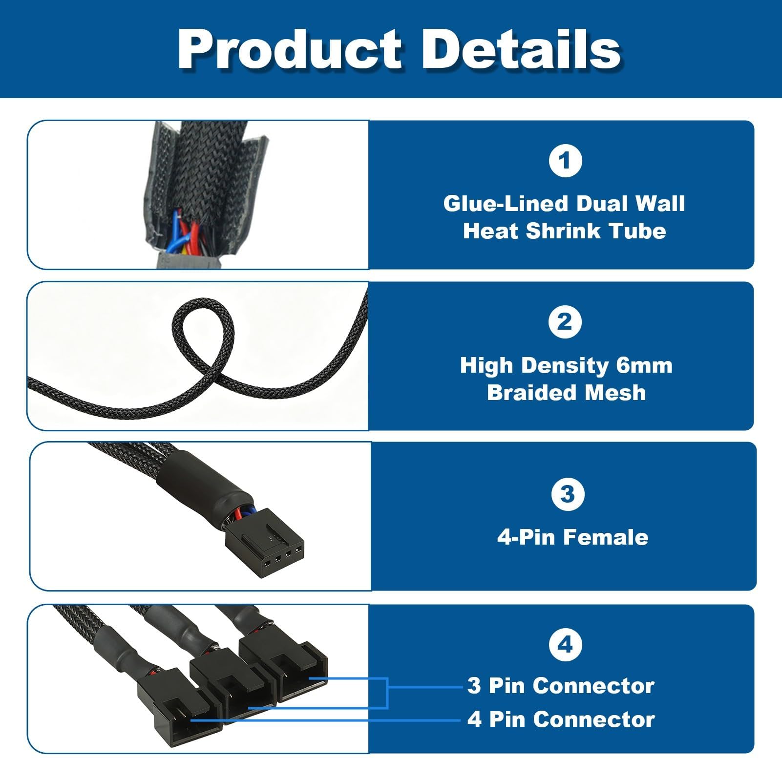 3 Pack Cable Divisor PWM 1 a 3 Vía 4 Pines, Cable Splitter PWM de 4 Pines para Ventilador PC, Splitter para Divisor de Ventilador con Funda Trenzada, Convertidor 1 a 3 para Computadora de Escritorio