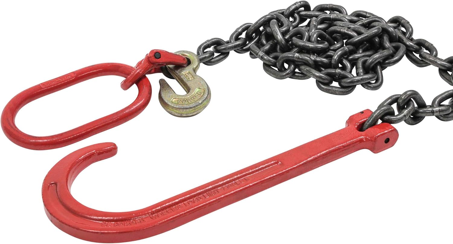 Mytee Products 3/8" x6' G80 15" Long Shank J Hook Tow Chain Recovery w/Eye Cradle Grab Hook - 7100 LBS WLL - Rollback Towing Chain for Car Wrecker Recovery Flatbed Trailers Truck - Towing Equipment