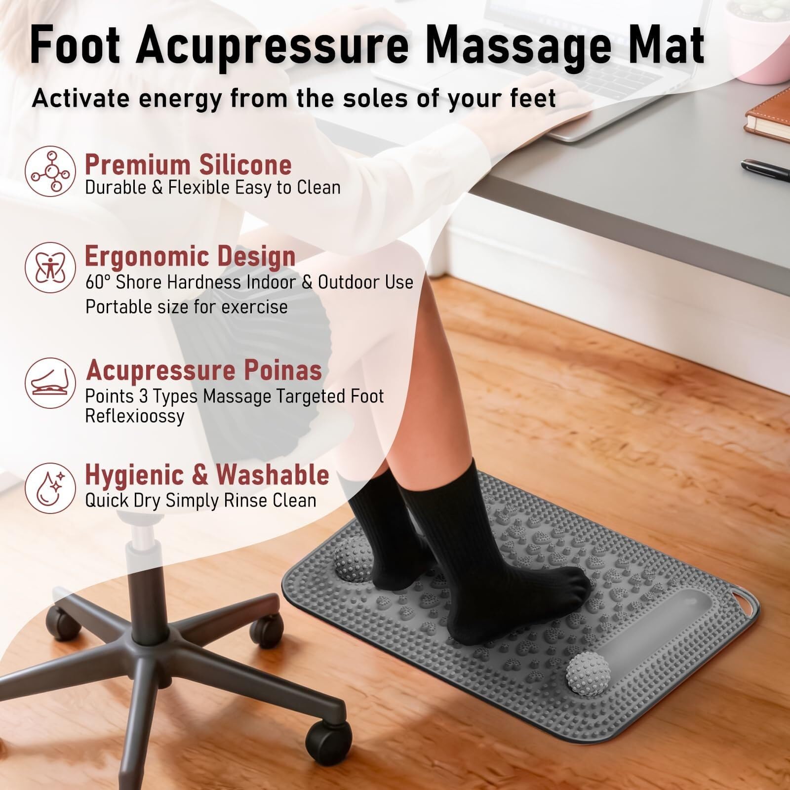 Tappetino per massaggio ai piedi e palline, riflessologia con picchi per agopressione per stimolazione dei punti di pressione, in silicone, per fascite plantare, sollievo dallo stress, per ufficio e