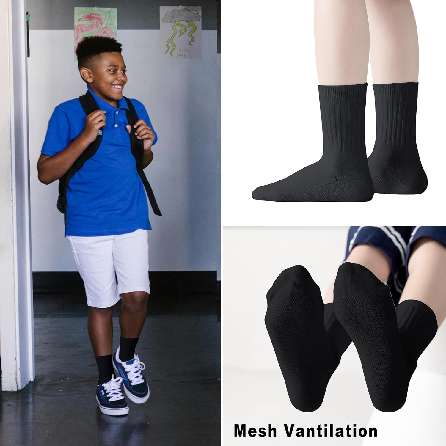 EPEIUS Unisex Kids Crew Socks Boys Dress Socks Soft Cotton Seamless School Uniform Socks for Girls White Navy 5 Pairs - Image 2