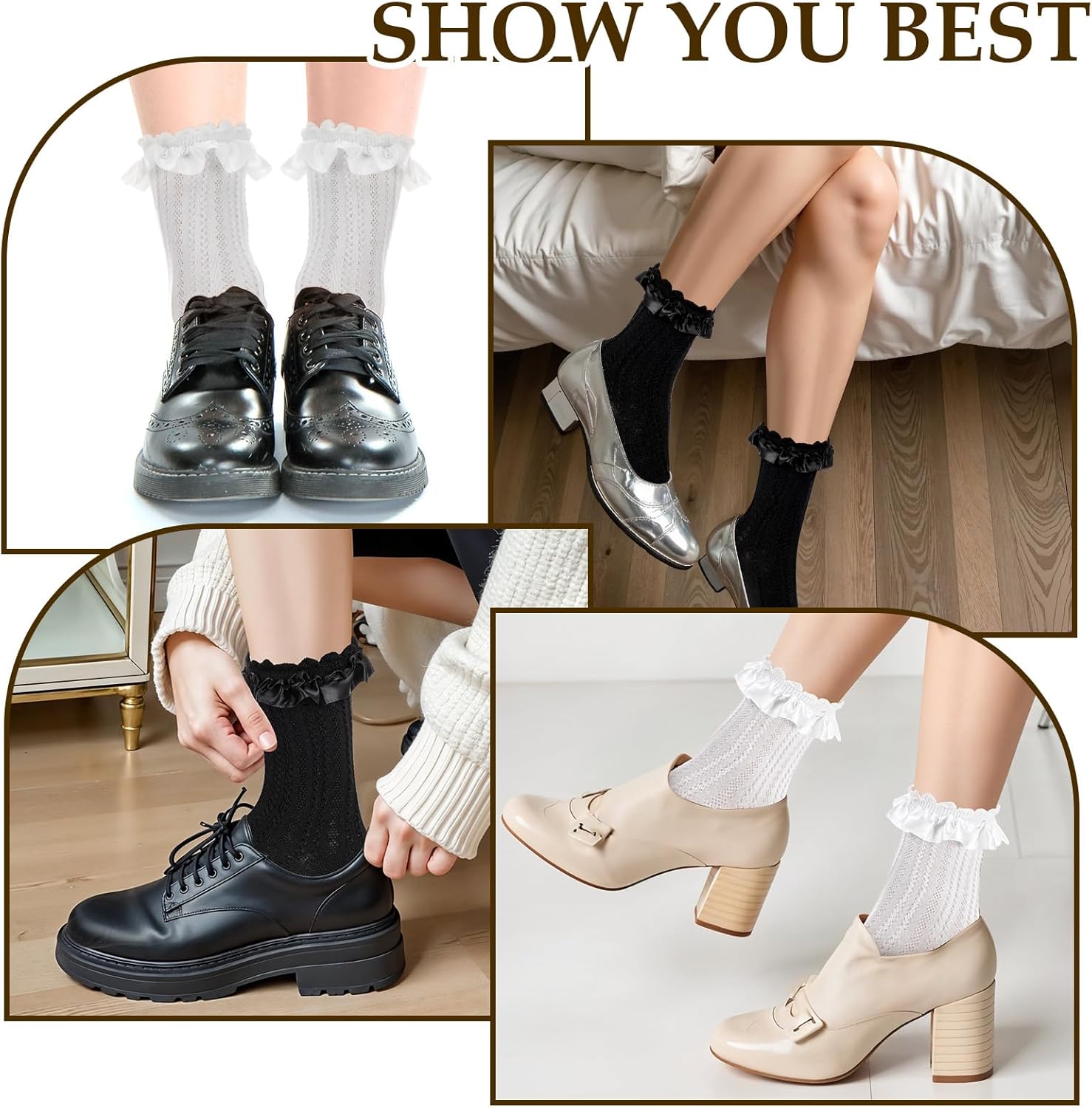 2 Pairs Womens Lace Ruffle Frilly Crew Socks Satin Ruffle Ankle Sock for Women Girls Casual Soft Comfortable Frilly Sock Lolita Princess Accessory (Black + White) - Image 7