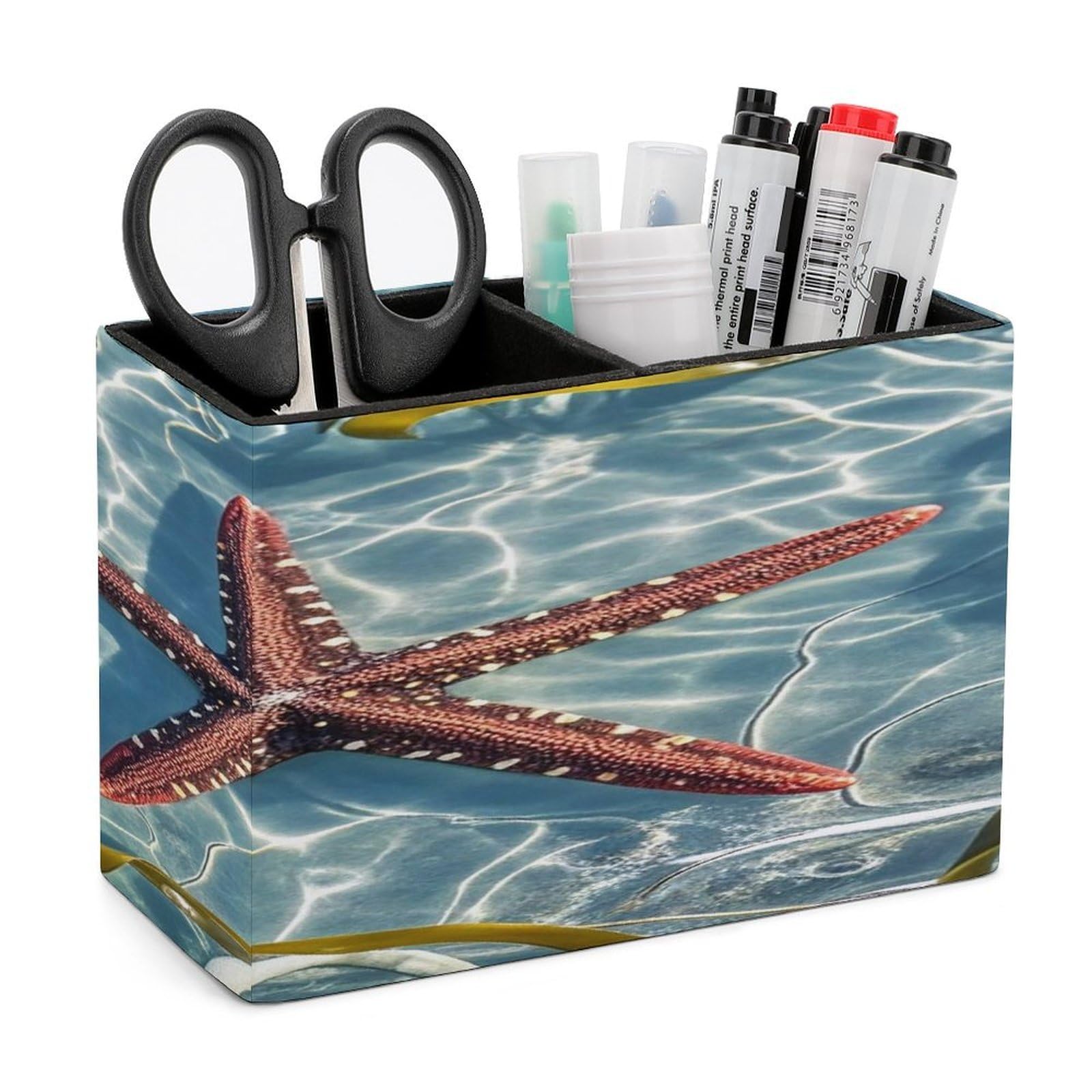LZQPOEAS Starfish Leather Pen Holder Square Pencil Holder Multi-Functional Desk Organizer Modern Pen Cup Pencil Cup Minimalist Desktop Stationery Organizer for Desk Office Home