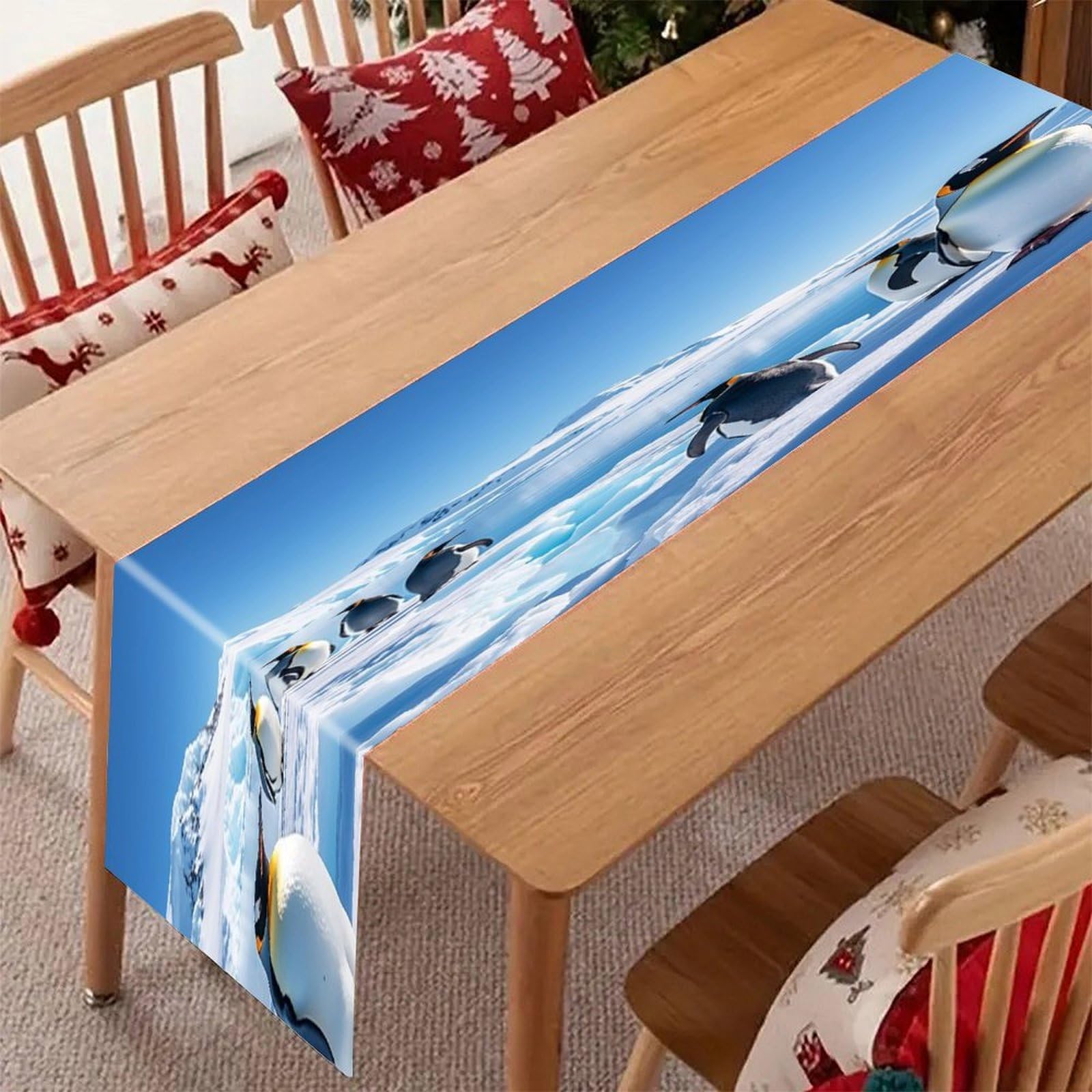 Penguin Antarctica Ice Table Runner Modern Art Farmhouse Linen Table Runner Dresser Scarf Seasonal Kitchen Dining Table Decoration Dresser Scarves for Home Party Decor 13x70 Inch