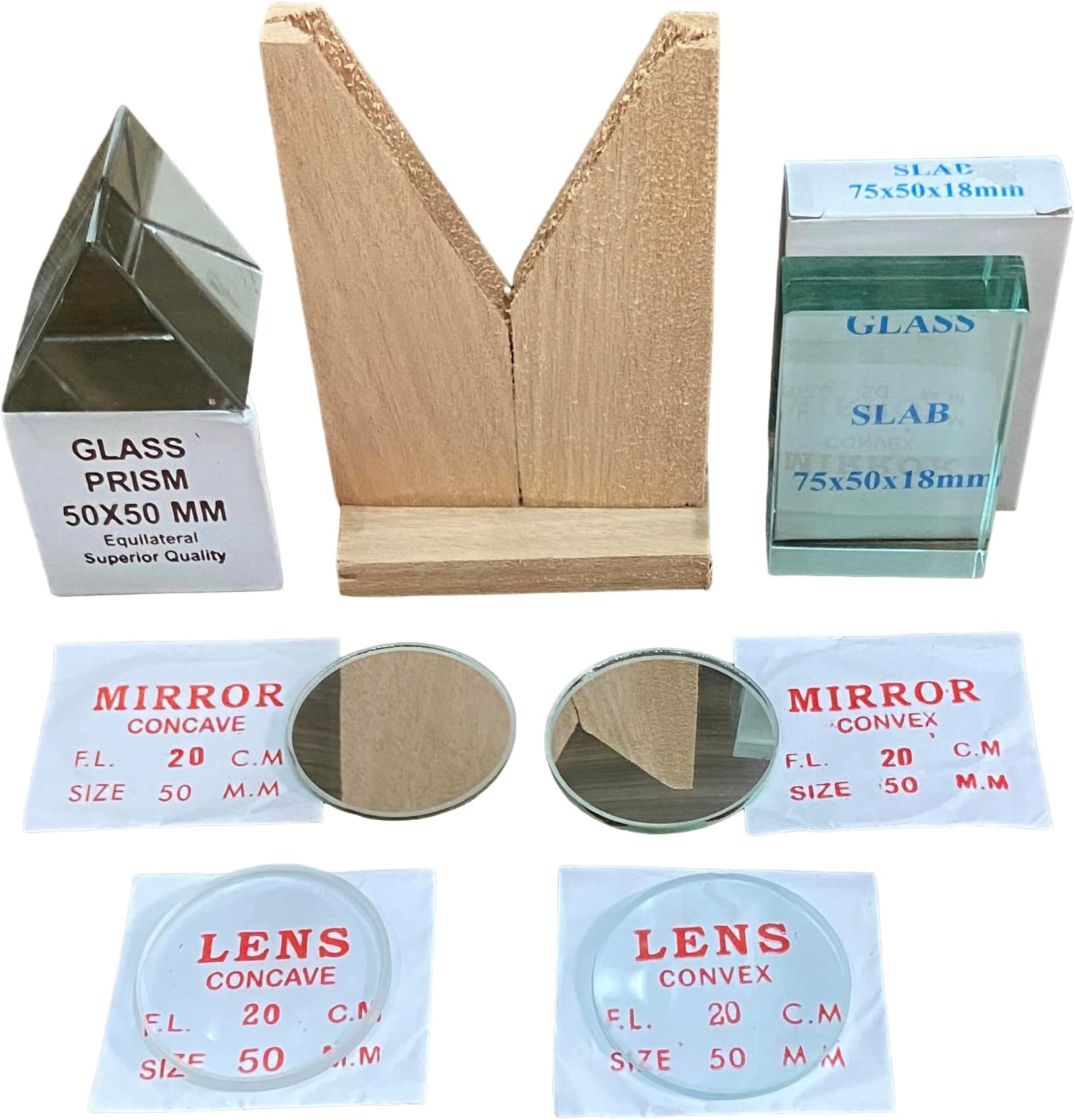 Optical Set| Set of Convex Lens 50 mm, Concave Lens 50 mm, Convex Mirror 50 mm, Concave Mirror 50 mm, Prism 50 mm x 50mm x 50mm, Glass Slab 75 x 50 x 18mm, Mirror/Lens Stand