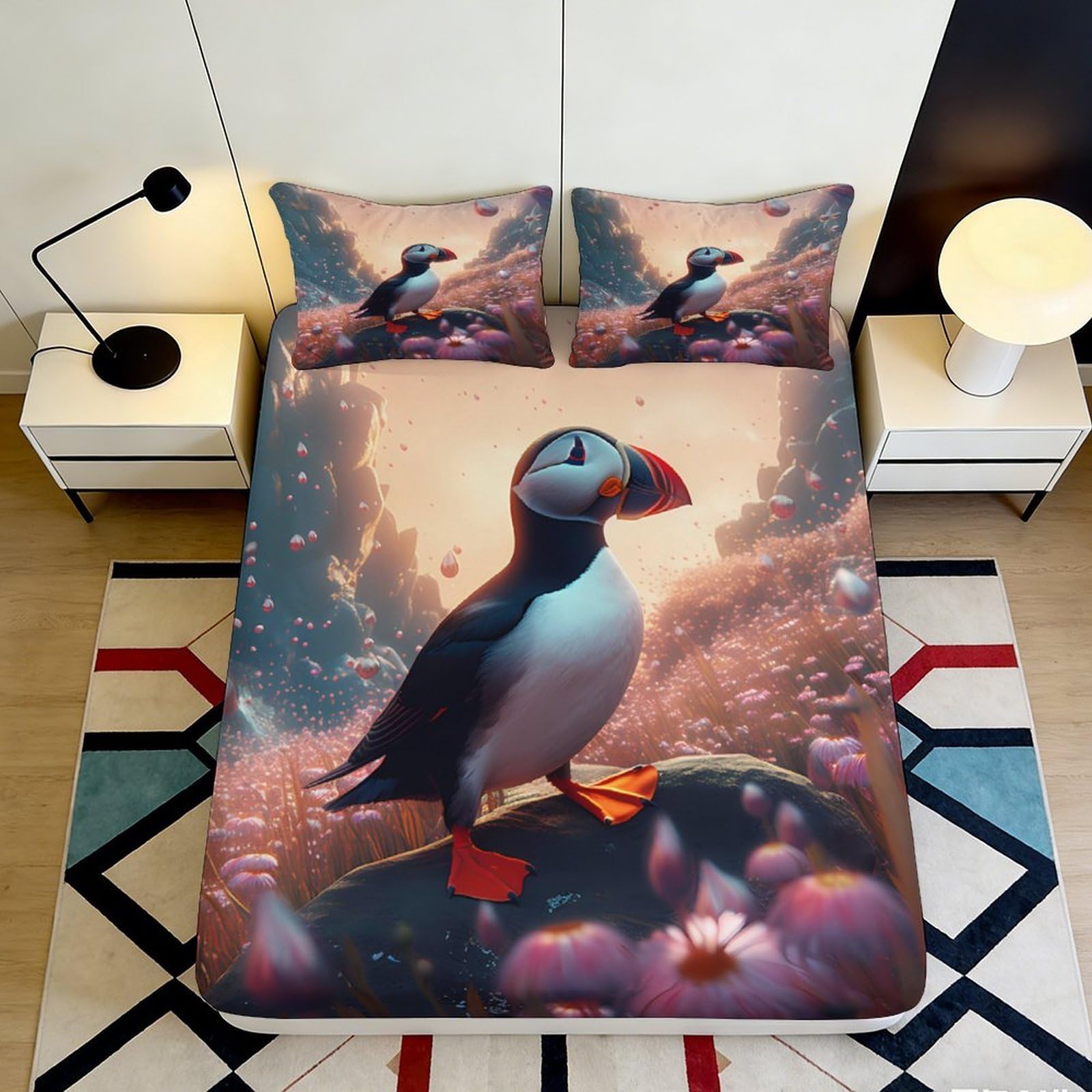 3D Printed Puffin Meadow Fitted Sheet Microfiber Soft Bed Cover for Bedroom Guest Room Mattress Protection Decor 90x200x25cm