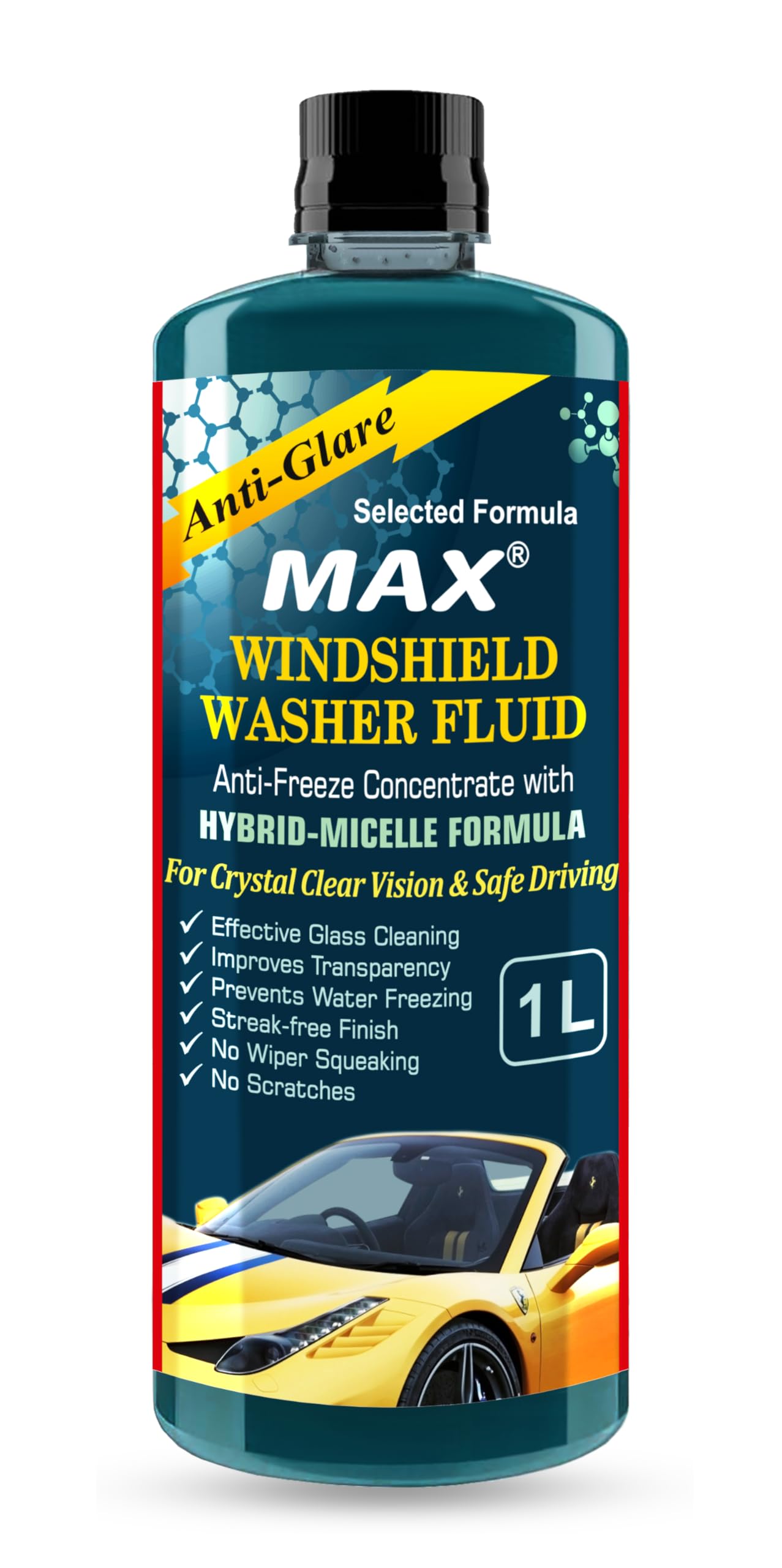 MAX Windshield Washer Fluid Concentrate (1 Ltr) - Anti-Freeze Formula | Car Windshield Cleaner, Streak-Free Wiper Fluid | Lubricates Wipers, Removes Bugs, Grime & Water Spots for Crystal Clear Vision