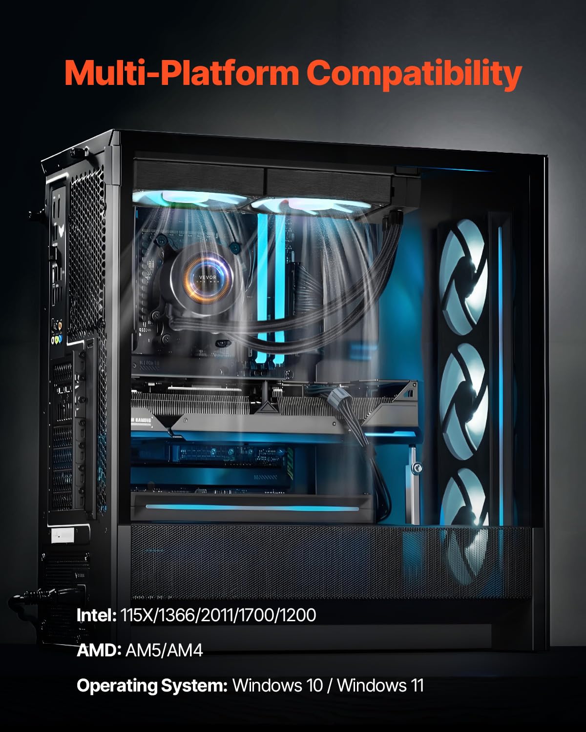 VEVOR Chłodnica cieczy CPU, AIO-CPU – 3 x wentylator i pompa PWN 120 mm, chłodzenie wodą PC z wyświetlaczem LCD 5,3 cm i światłem ARGB, do Intel 115X/1366/2011/1700/1200, AMD AM4/AM5