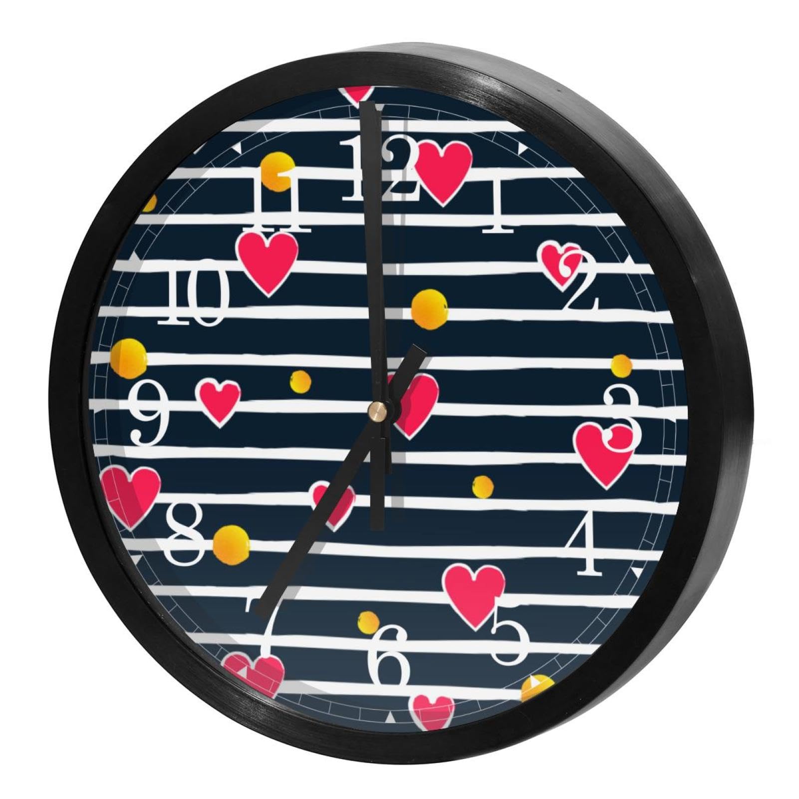 Horloge murale ronde sans tic-tac à rayures et cœurs pour cuisine et bureau calme
